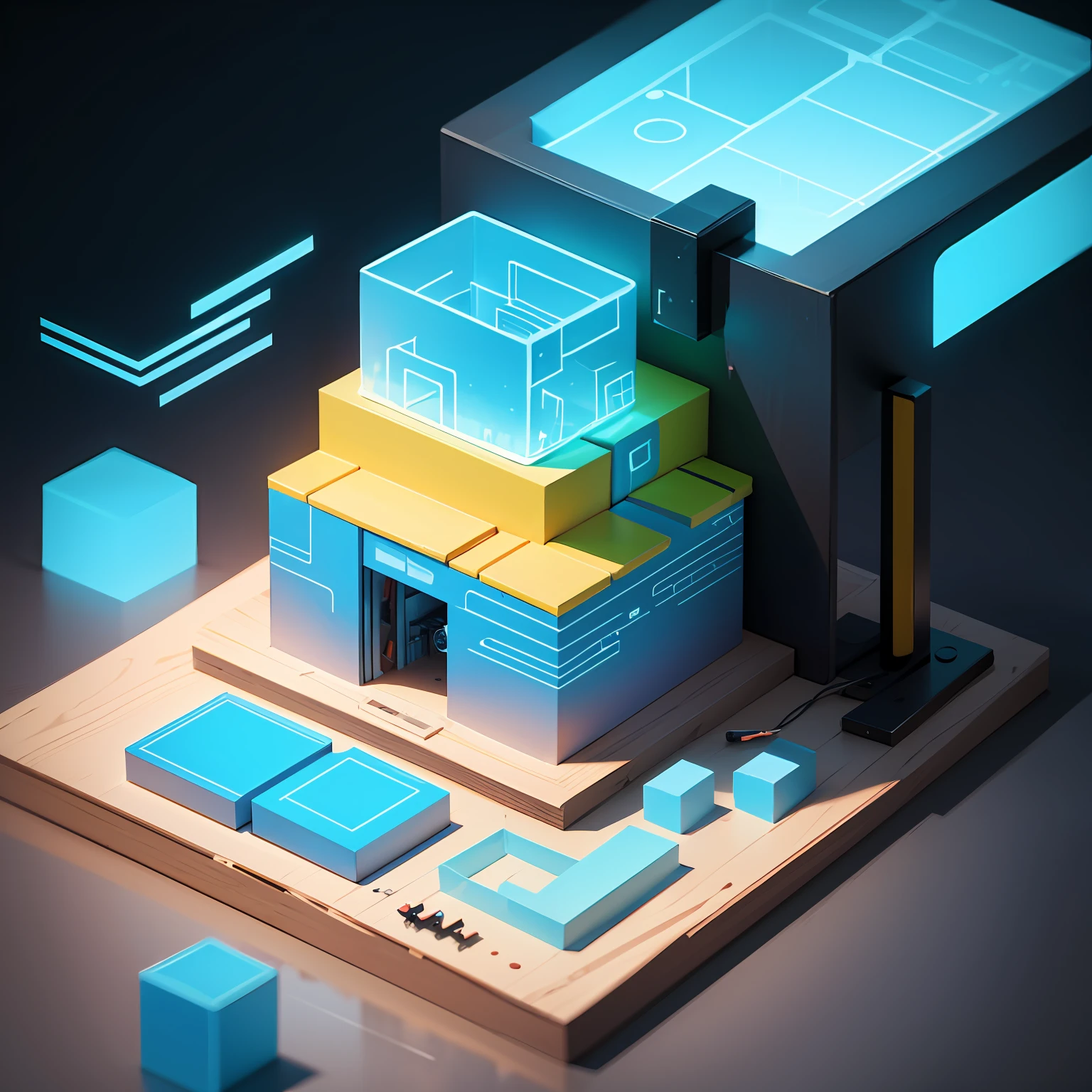 Blue floating vector isometric illustration being disassembled, elementos de tecnologia e design voando --auto