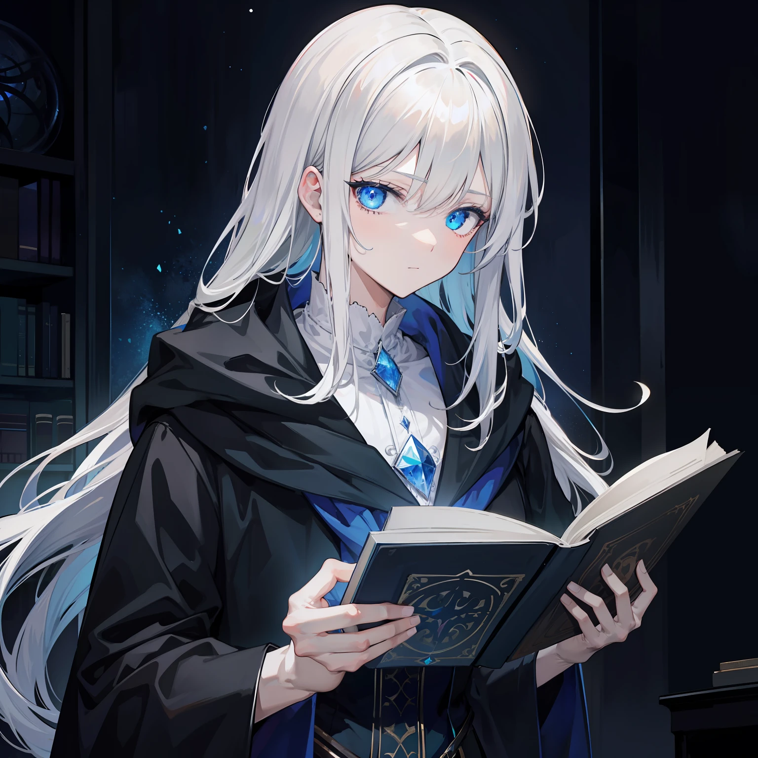 {[{{"Magnificent dark atmosphere, Being in a magical world, 4k artwork of man with gray hair and glowing blue eyes, Reading a spellbook."}]}}