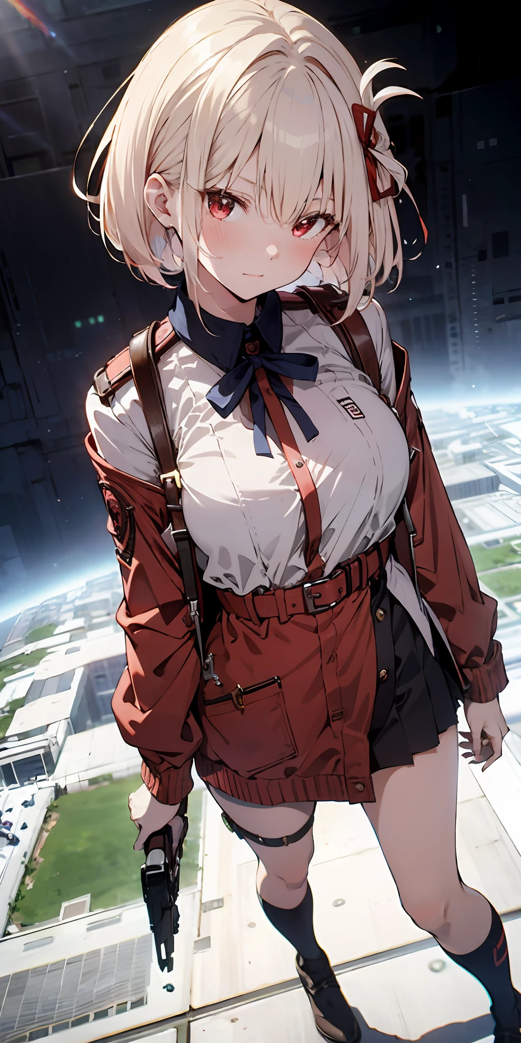 Absurd resolution, high resolution, (masterpiece: 1.4), super detailed, girl alone, from above, space, floating, platinum blonde, medium hair, red eyes
