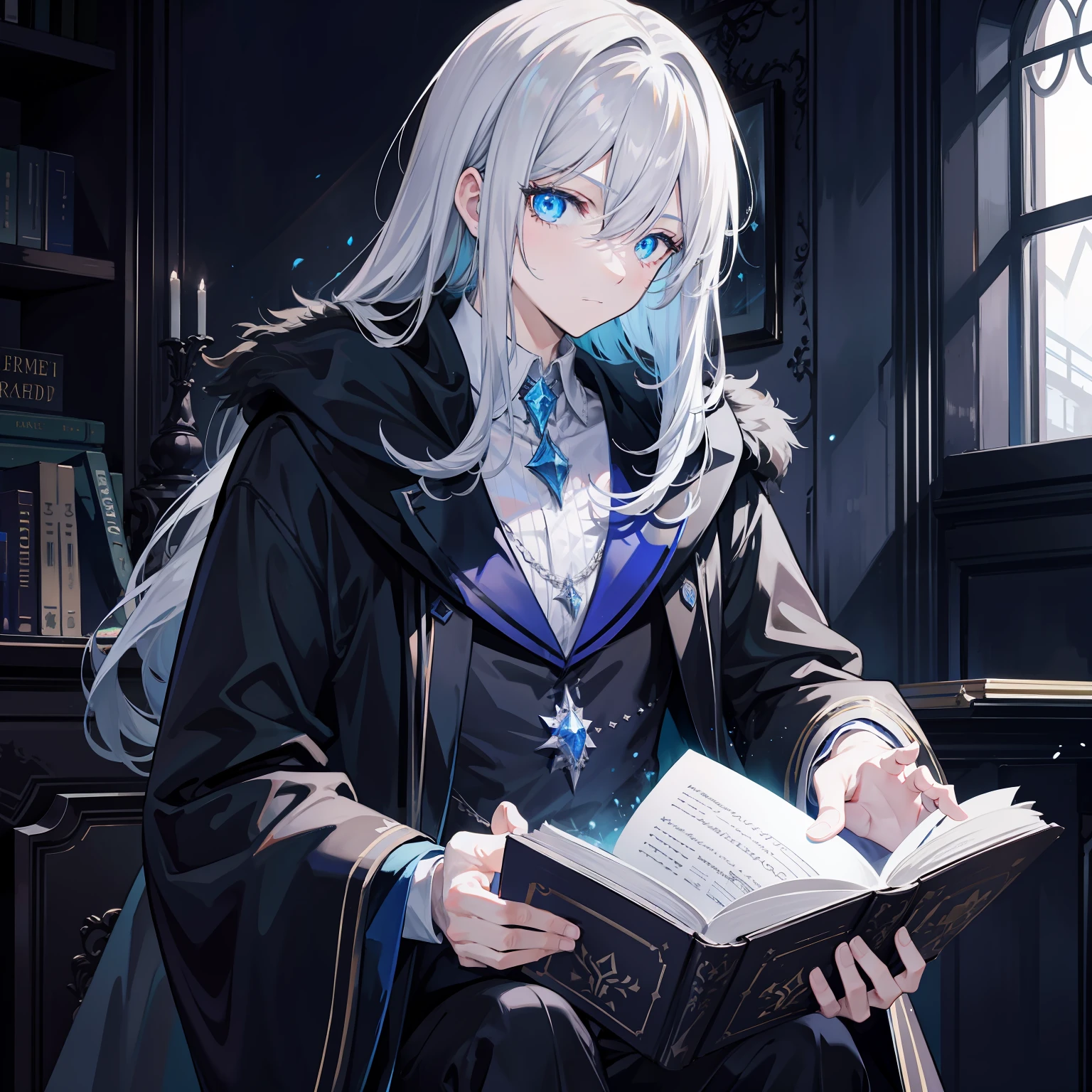{[{{"Magnificent dark atmosphere, Being in a magical world, 4k artwork of man with gray hair and glowing blue eyes, Reading a spellbook."}]}}