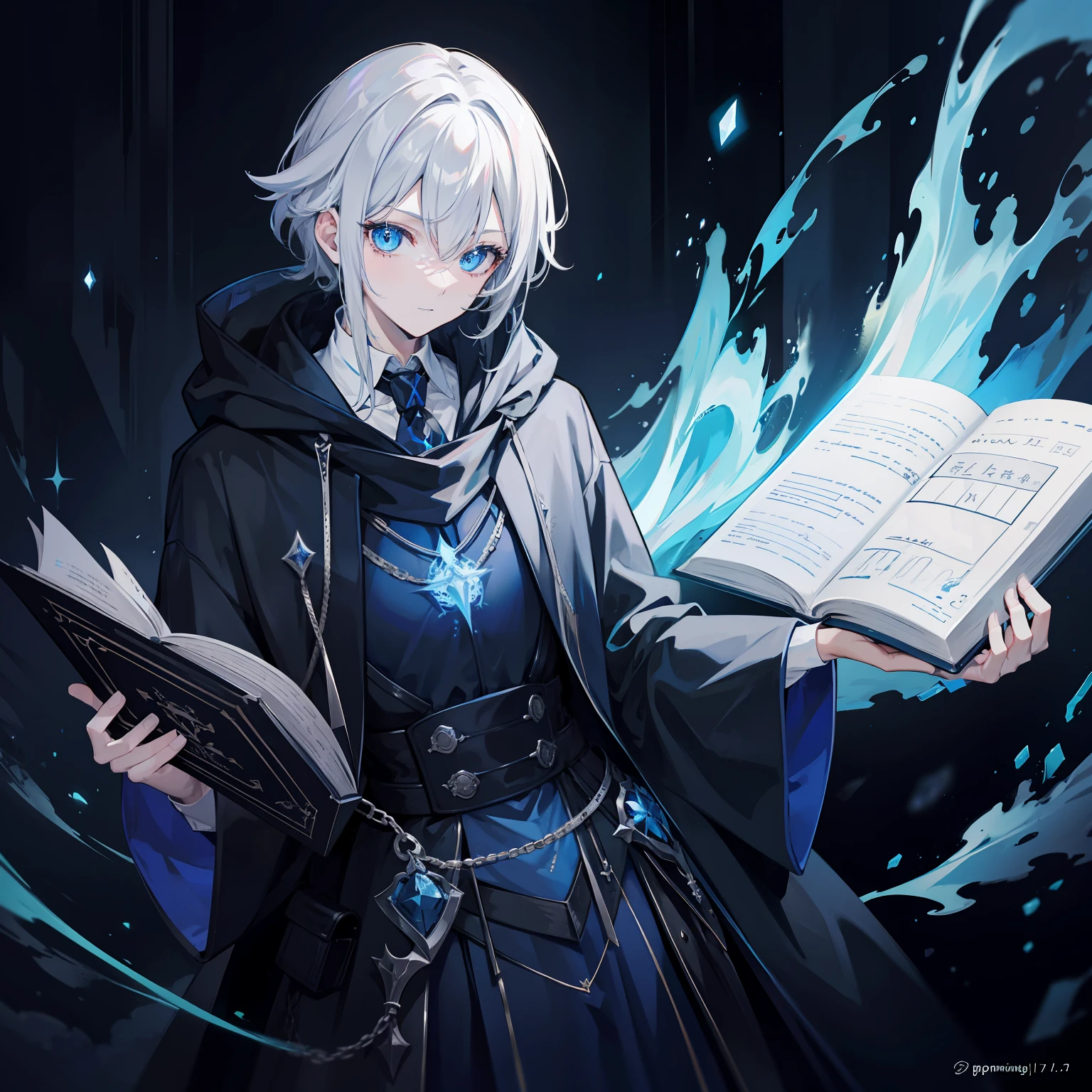 {[{{"Magnificent dark atmosphere, Being in a magical world, 4k artwork of man with gray hair and glowing blue eyes, Reading a spellbook."}]}}
