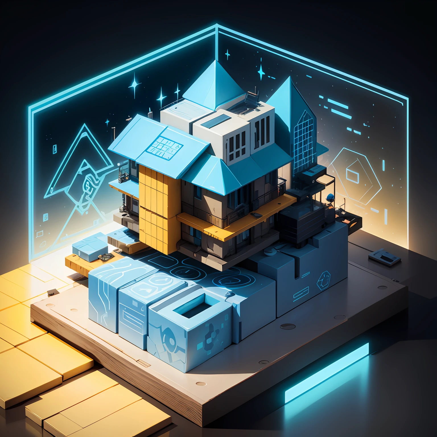 Blue floating vector isometric illustration being disassembled, elementos de tecnologia e design voando --auto