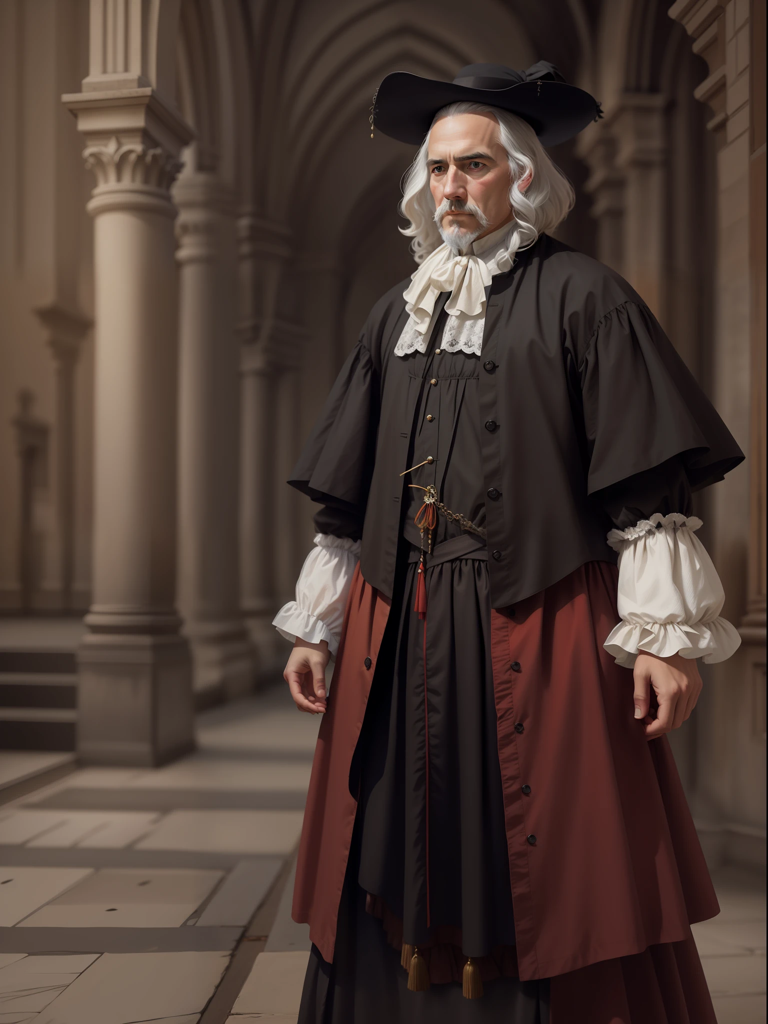 Photo of a 17th century Puritan man in lacombe style, Catedral como plano de fundo, contraste detalhado, Foco Profundo, Super Adobe, textura detalhada, esthetic, Photoshop, octane rendering, Arte do Pinterest, fotografia premiada, mundialmente famoso, alta resolução, color correction, Alta Arte, sem desfoque, renderizado, ultra qualidade