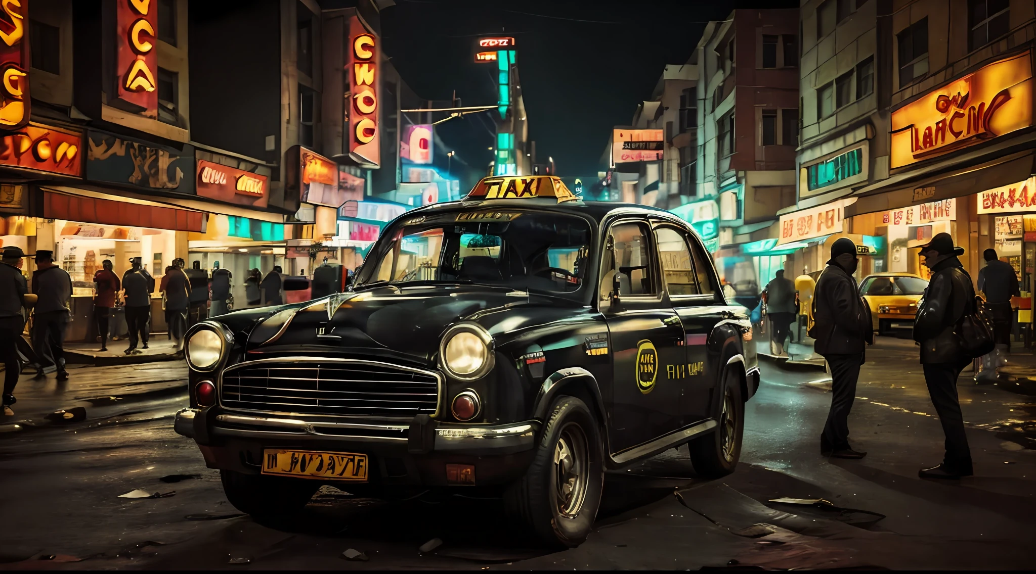 um taxi na chuvosa cidade cyberpunk bustling with neon signs(((cinematic lighthing))), noite, Chuva, luz suave do cinema, Adobe Lightroom, photographic lab, HDR, imenso detalhe, renderizado, fotografia profissional