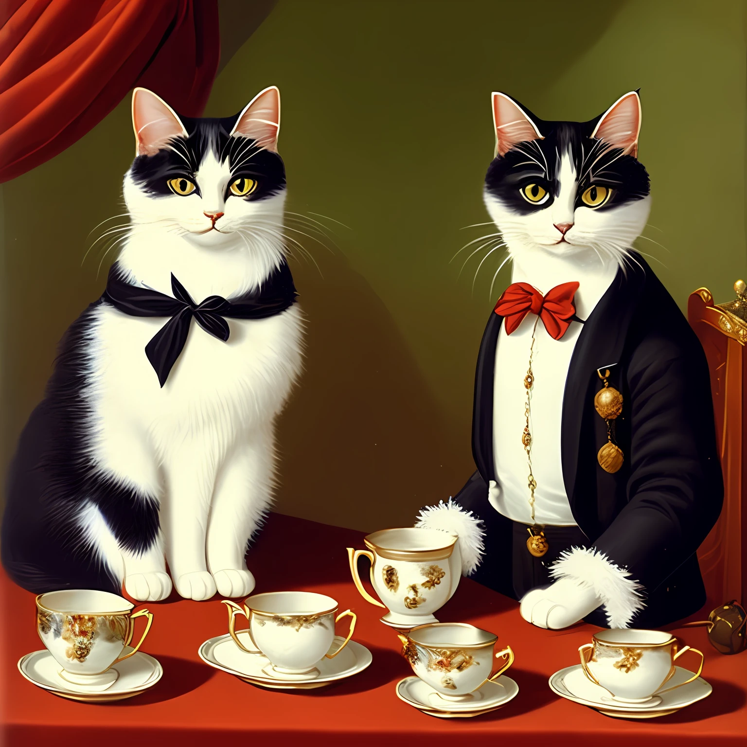 An exquisite masterpiece of a cat with a full-length white fur, adorned with a five-toothed necklace, bright red eyes. This high-quality image shows the cat wearing an elegant butler outfit and glasses. The embarrassed expression adds a charming touch to the already sophisticated and fierce aura. Serving a tea with cat's hand. --auto