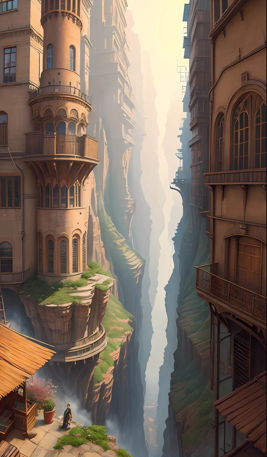 ((masterpiece)),((best quality)),((high detial)),((realistic,)) Industrial age city, deep canyons in the middle, architectural streets, bazaars, Bridges, rainy days, steampunk, European architecture