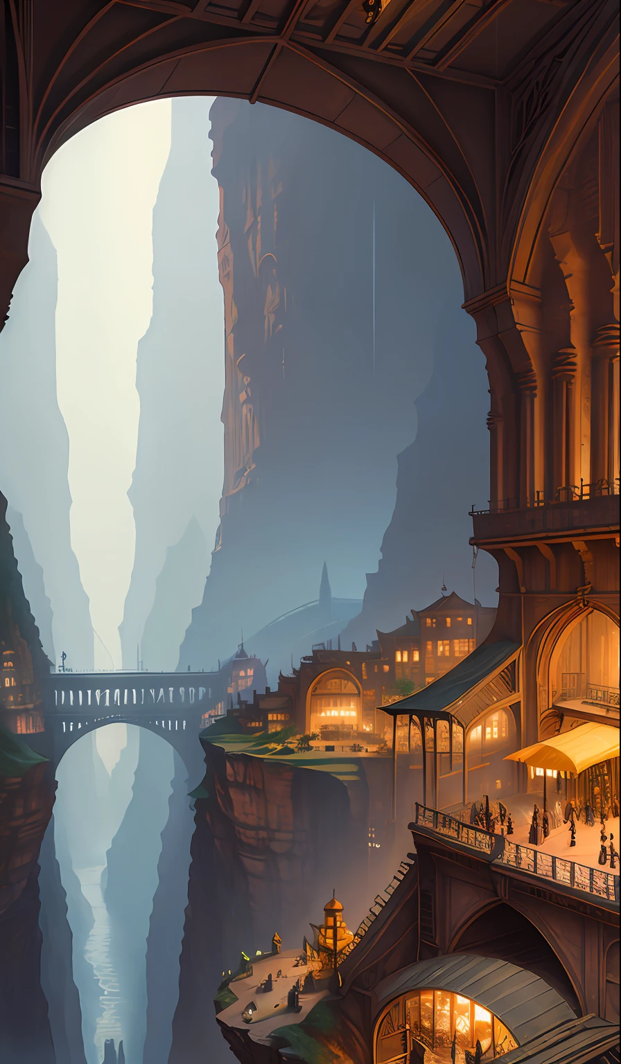 ((masterpiece)),((best quality)),((high detial)),((realistic,)) Industrial age city, deep canyons in the middle, architectural streets, bazaars, Bridges, rainy days, steampunk, European architecture