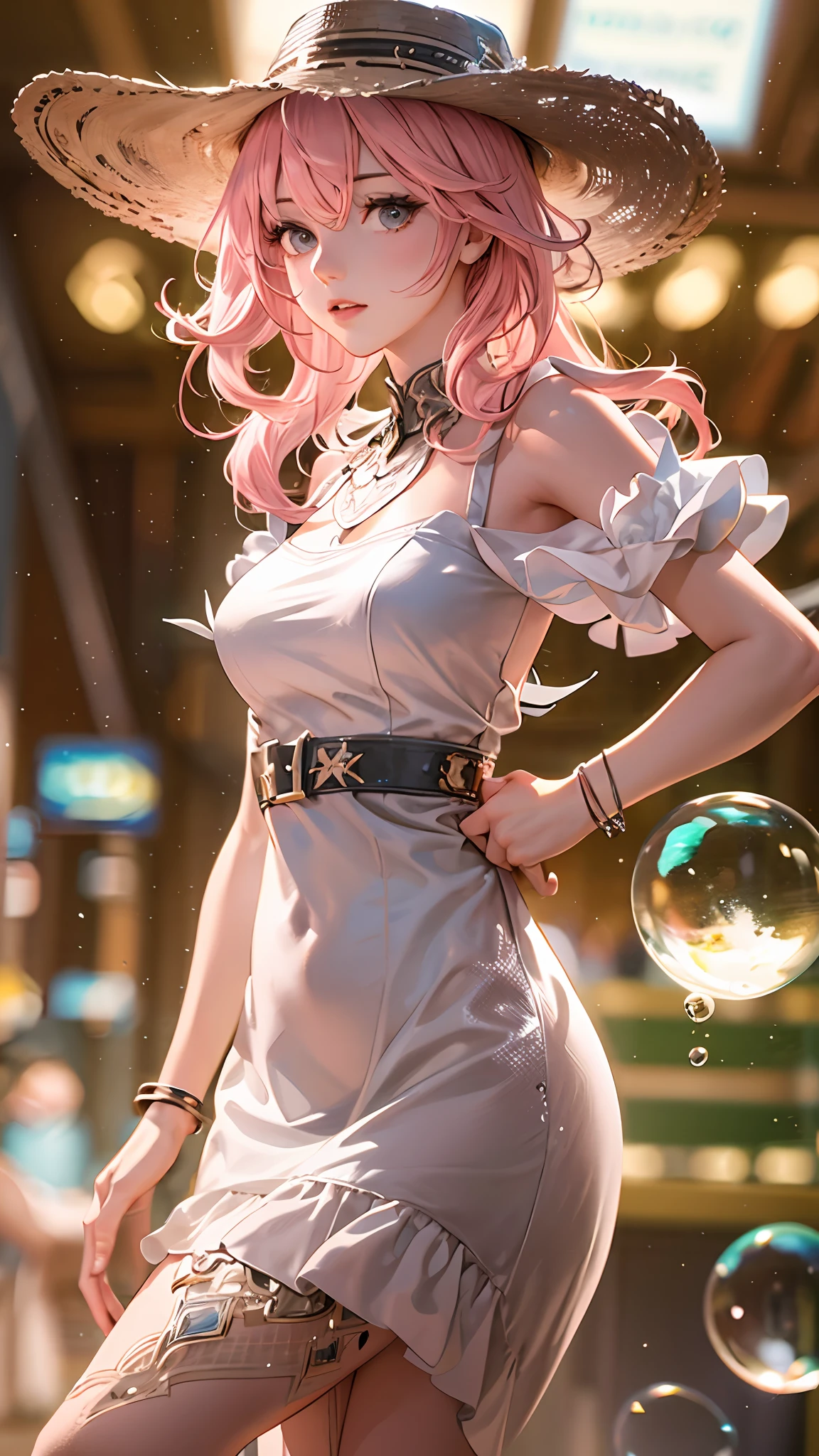 1girl, pink hair,18 years old,White dress,Perfect female body, neat figure, slender waist, Black silk,
full body, looking at viewer, (cowboy shot:1.2),Poker face,
Sunlight,indoors,bubbles,
(best quality), (ultra detailed), (masterpiece), (highres), (original), (extremely detailed CG unity 8K wallpaper),detailed manga illustration,