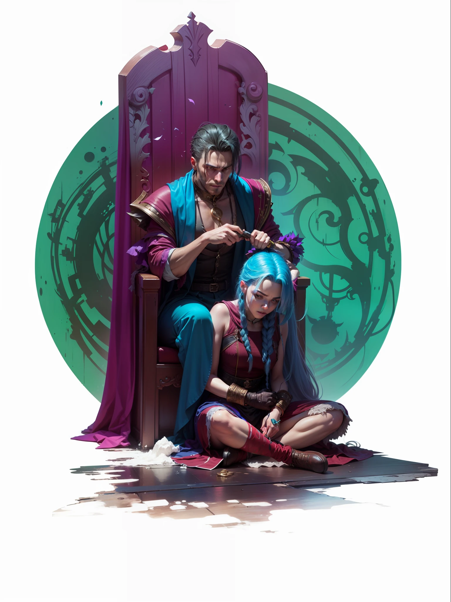 Homem sentado num trono, The American man is braiding a girl's hair, Jinx, Silco de Arcane. Jinx e Silco. Jinx de Arcane