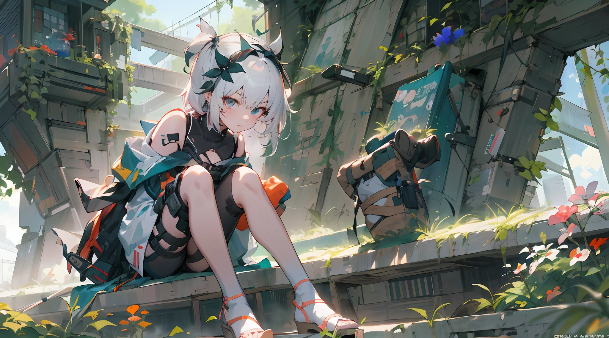 Anime girl sitting on shelf with backpack and backpack, guweiz on artstation pixiv, guweiz on pixiv artstation, best anime 4k konachan wallpaper, guweiz, artwork in the style of guweiz, Trending on ArtStation pixiv, by Shitao, kawacy, from girls frontline