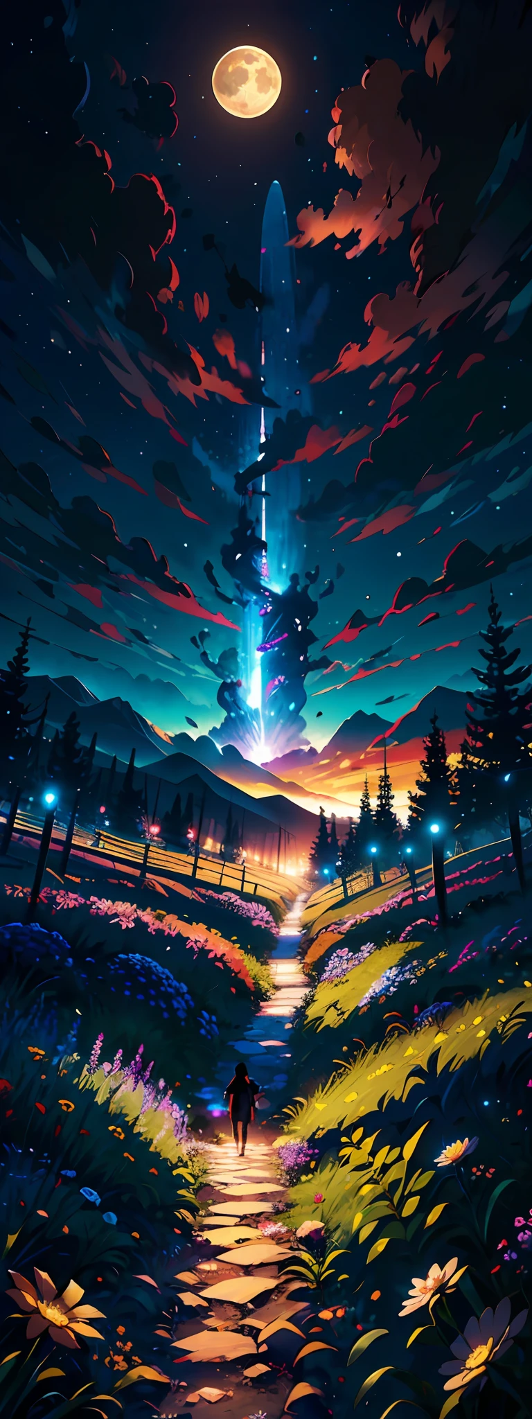 Expansive landscape photograph,(look from down,Above is the fantasy sky,Below are open fields),A girl standing on a flower field looking up,(moon full:1.2),(meteors:0.9),(Starcloud:1.3),Far Mountain, Tree BREAK making art,(Warm light source:1.2),(glowworm:1.2),lamp lights,Lots of purple and orange,Complicated details,Volumetric lighting BREAK(tmasterpiece:1.2),(best qualtiy),4k,ultra - detailed,(dynamic compositions:1.4),detail-rich,plethora of colors,(Irridescent color:1.2),(with light glowing,Atmospheric lighting),dream magical,magical,(独奏:1.2)
