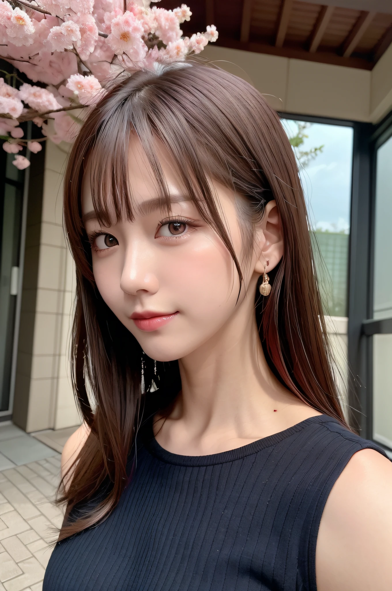 White see-through blouse,Face Interview, (Photo Real:1.4), (hyper realisitic:1.4), (realisitic:1.3), (Smooth lighting:1.05), (Improve video lighting quality:0.9), 1womanl, a 20 yo woman, Realistic lighting, Back lighting, Facial light, raytrace, (cheerfulness:1.2), (Improved image quality:1.4), (Finest Real Textured Skins), finely eye, a small face, Red cheeks, skinny body, Medium breasts pointed jaw, Korean Idol, Nogizaka Idol, glowy skin, hposing Gravure Idol, P, Blunt bangs, light brown hair, hair behind ear, hair over shoulder, Long hair,Tear bag,outside of house、Under the cherry blossoms in full bloom