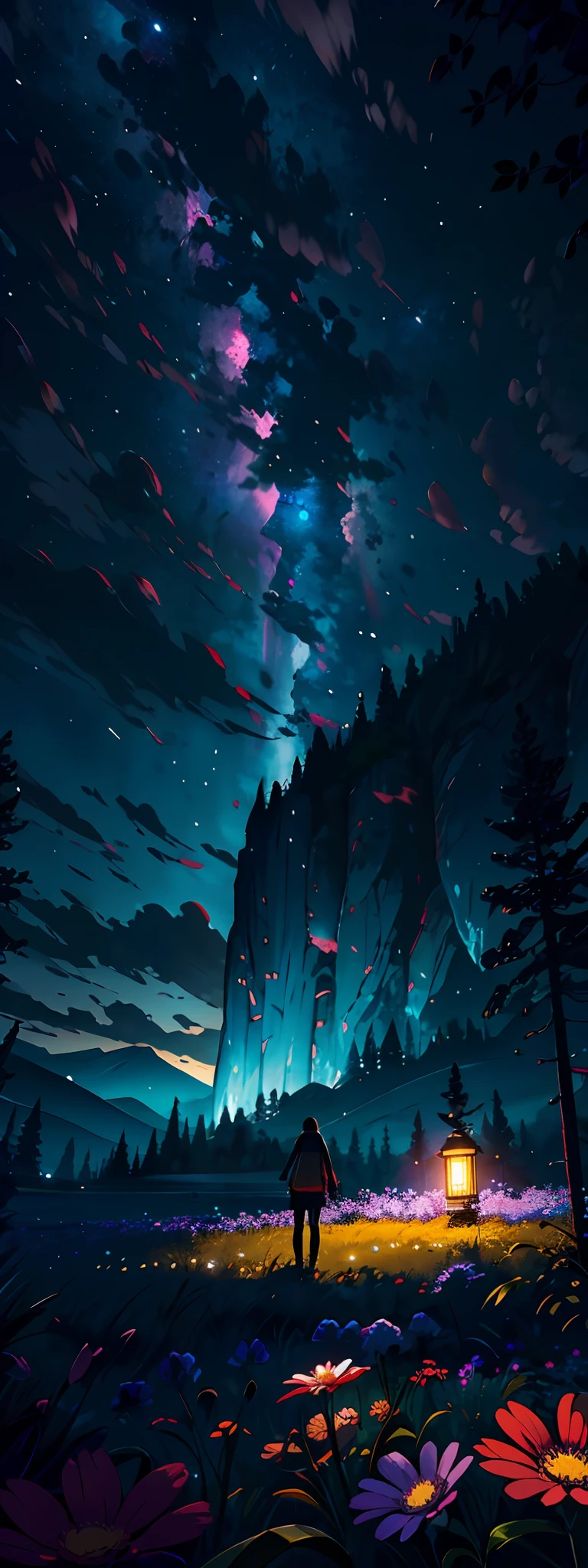 Expansive landscape photograph,(look from down,Above is the fantasy sky,Below are open fields),A girl standing on a flower field looking up,(moon full:1.2),(meteors:0.9),(Starcloud:1.3),Far Mountain, Tree BREAK making art,(Warm light source:1.2),(glowworm:1.2),lamp lights,Lots of purple and orange,Complicated details,Volumetric lighting BREAK(tmasterpiece:1.2),(best qualtiy),4k,ultra - detailed,(dynamic compositions:1.4),detail-rich,plethora of colors,(Irridescent color:1.2),(with light glowing,Atmospheric lighting),dream magical,magical,(独奏:1.2)