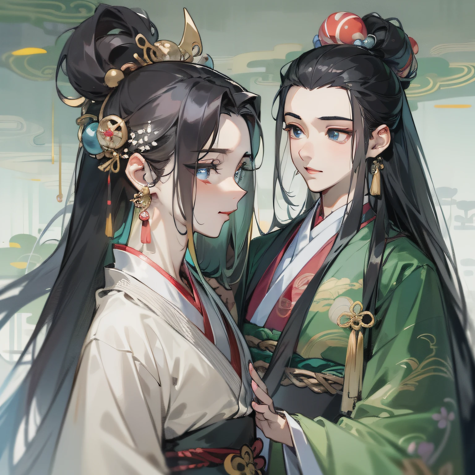 16k,hyper HD,Two-dimensional style,Classical Chinese men,Long black hair,Big eyes dark and bright,Wearing beautiful Hanfu,Face forward,Wear gorgeous blonde hair ornaments on your head,Height 195cm,Handsome and compelling。