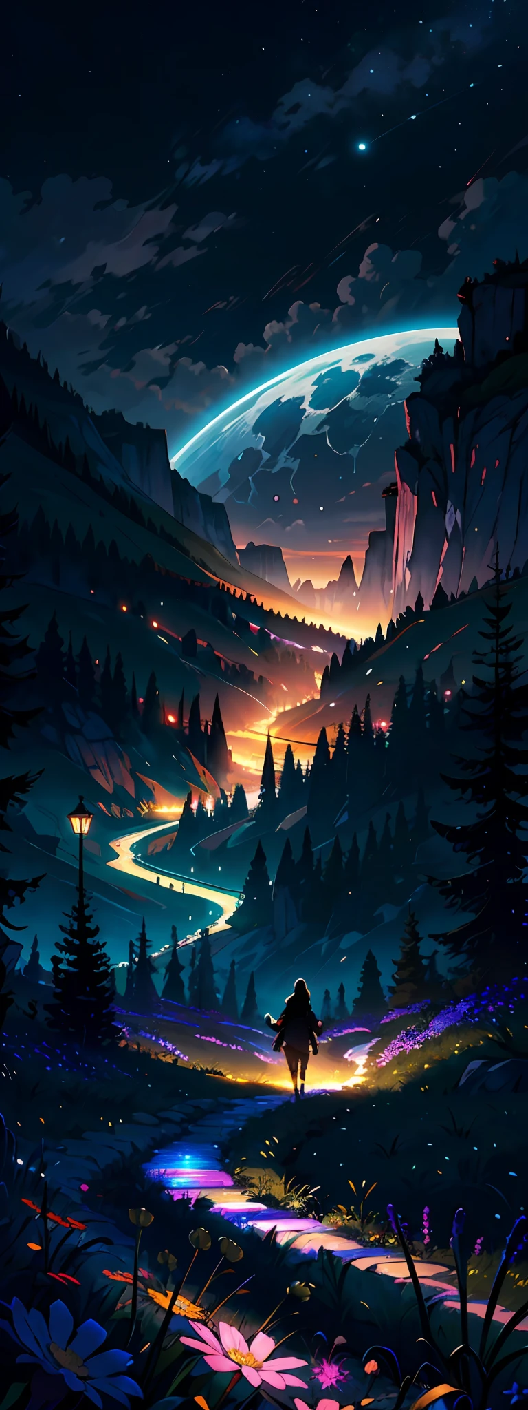 Expansive landscape photograph,(look from down,Above is the fantasy sky,Below are open fields),A girl standing on a flower field looking up,(moon full:1.2),(meteors:0.9),(Starcloud:1.3),Far Mountain, Tree BREAK making art,(Warm light source:1.2),(glowworm:1.2),lamp lights,Lots of purple and orange,Complicated details,Volumetric lighting BREAK(tmasterpiece:1.2),(best qualtiy),4k,ultra - detailed,(dynamic compositions:1.4),detail-rich,plethora of colors,(Irridescent color:1.2),(with light glowing,Atmospheric lighting),dream magical,magical,(独奏:1.2)