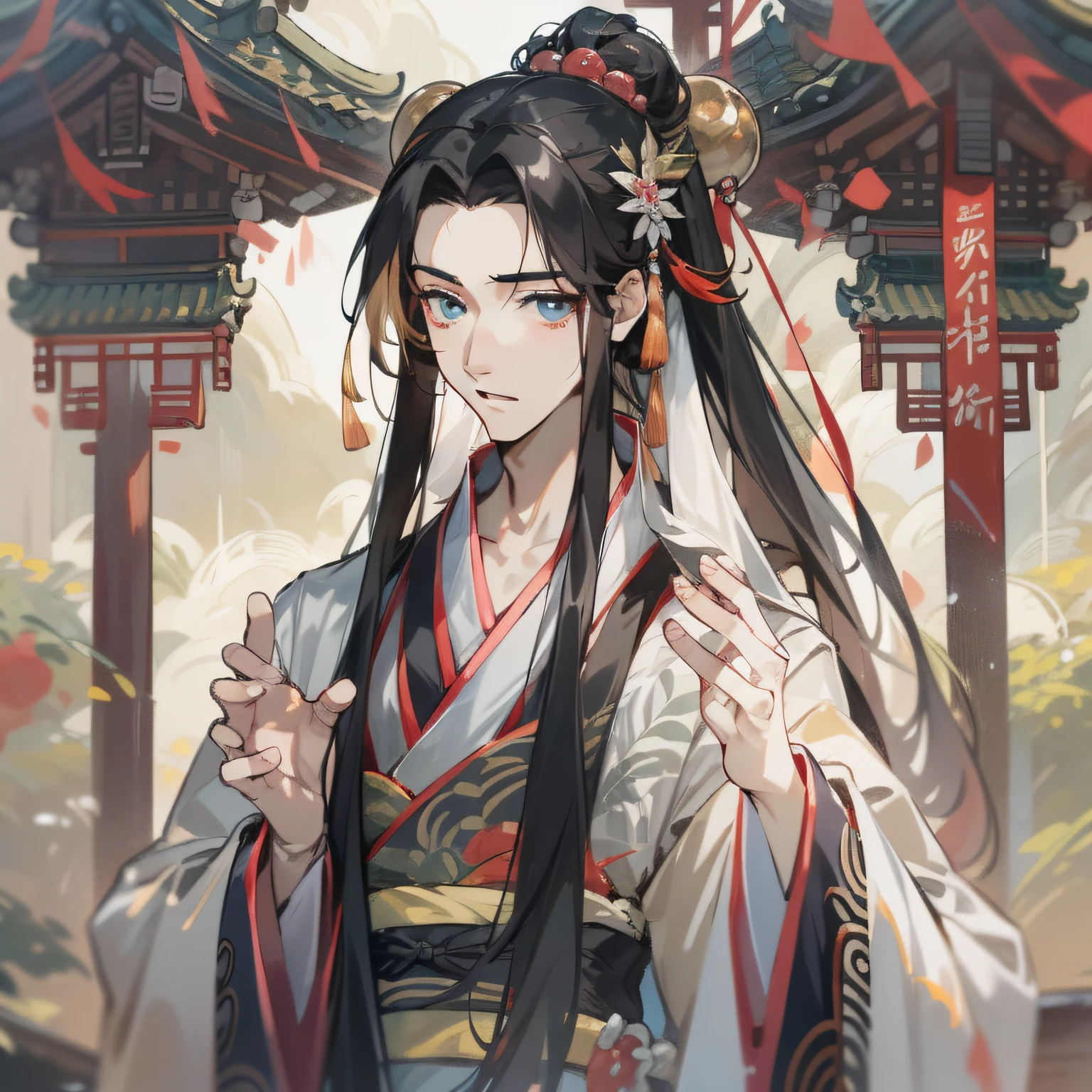 16k,hyper HD,Two-dimensional style,Classical Chinese men,Long black hair,Big eyes dark and bright,Wearing beautiful Hanfu,Face forward,Wear gorgeous blonde hair ornaments on your head,Height 195cm,Handsome and compelling。