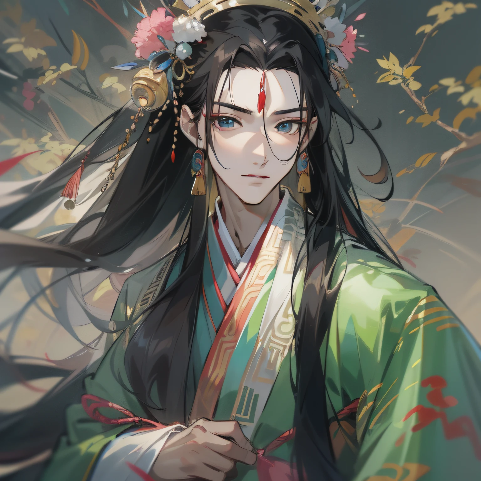 16k，hyper HD，Two-dimensional style，Classical Chinese men，Long black hair，Big eyes dark and bright，Wearing beautiful Hanfu，Face forward，Wear gorgeous blonde hair ornaments on your head，Height 195cm，Handsome and compelling。