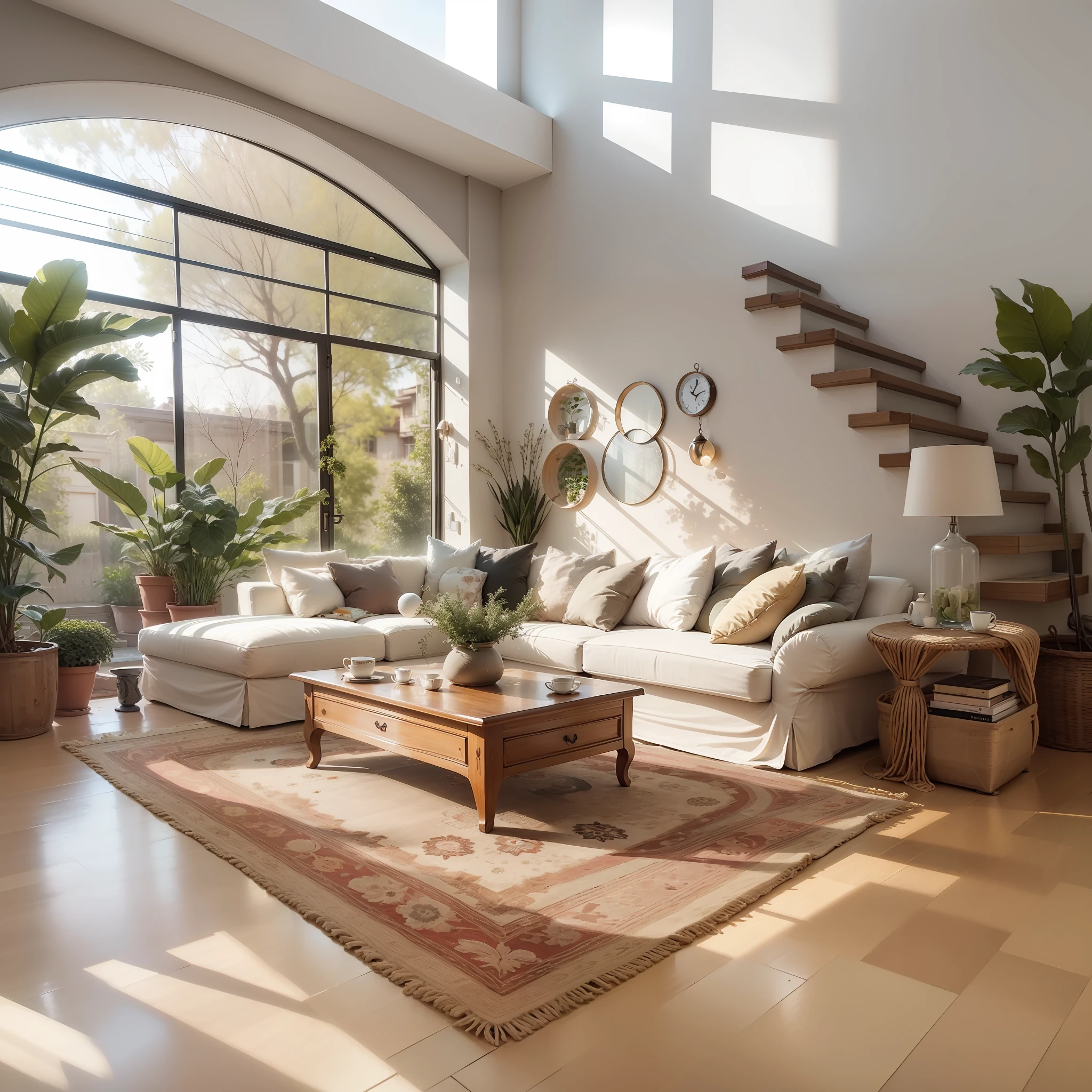 liveroom,sofe,tea table,Greenery,Big space,table light,carpets,Modern minimalist style --auto