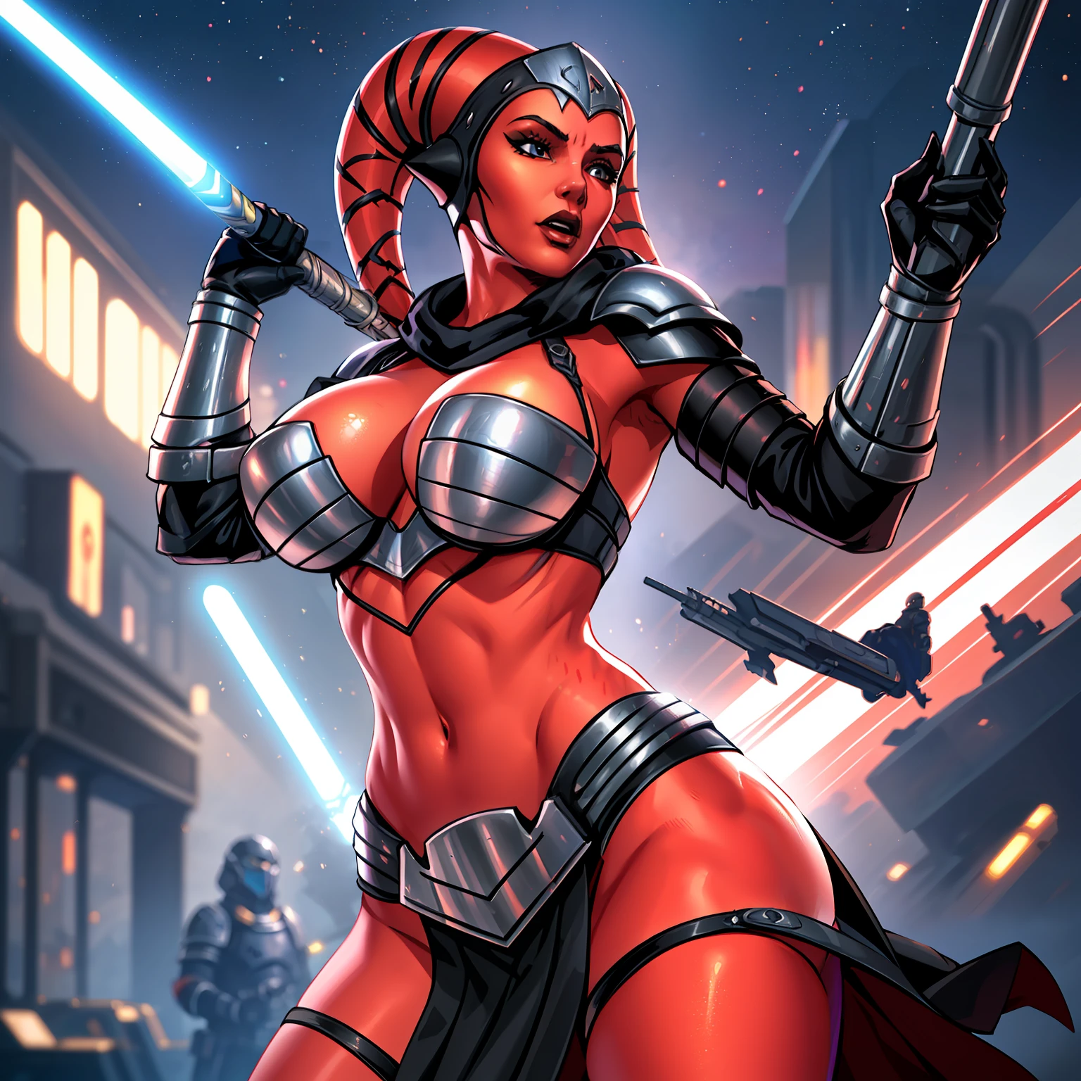 1girl, action scene, fighting, masterpiece, best quality, high-definition, armor, busty, ((red skin), twi'lek), dual red lightsabers, evil space knight, space ninja, (wearing black robes, black stealth armor, breastplate, tunic, tabard, cowl, cloak, body glove, straps, buckles, skirts, long sleeves, fantasy, ((armor))), ((busty), slender body, thin, slim sexy body, slim waist, ((gigantic breasts))), Imperial starship, Star Wars,