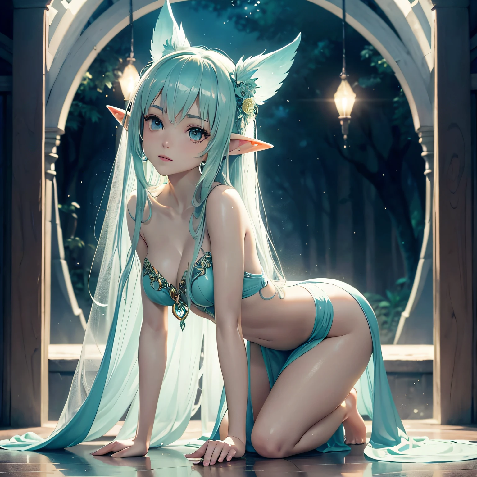Sylph Keywords:
Elongated common elven ears
Longevity and immortality
Beautiful figure
Superior abilities
Harmony with nature
Noble culture
Ancient races
Fantasy works
roleplaying game
Beauty and elegance
Magical talent femele a beauty girl Mystical Fictional creatures Ancient see-through robes Buttocks show through all-fours Buttock emphasis Sit with a beautiful back Looking back