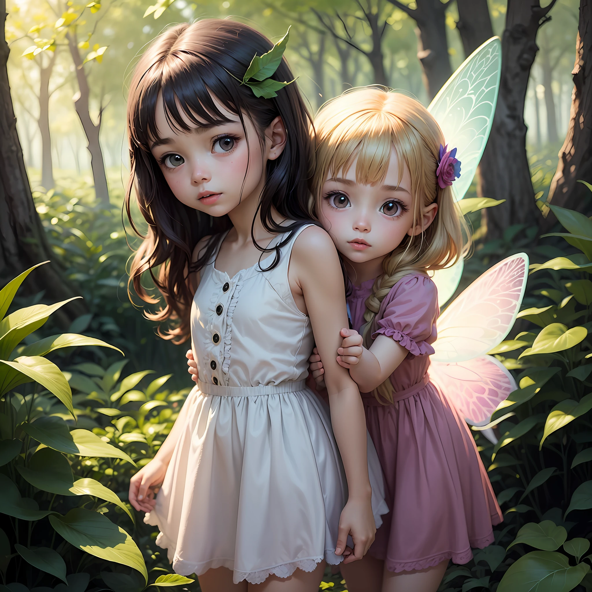 Child girl with a fairy friend, children's book animation, floresta encantada --auto