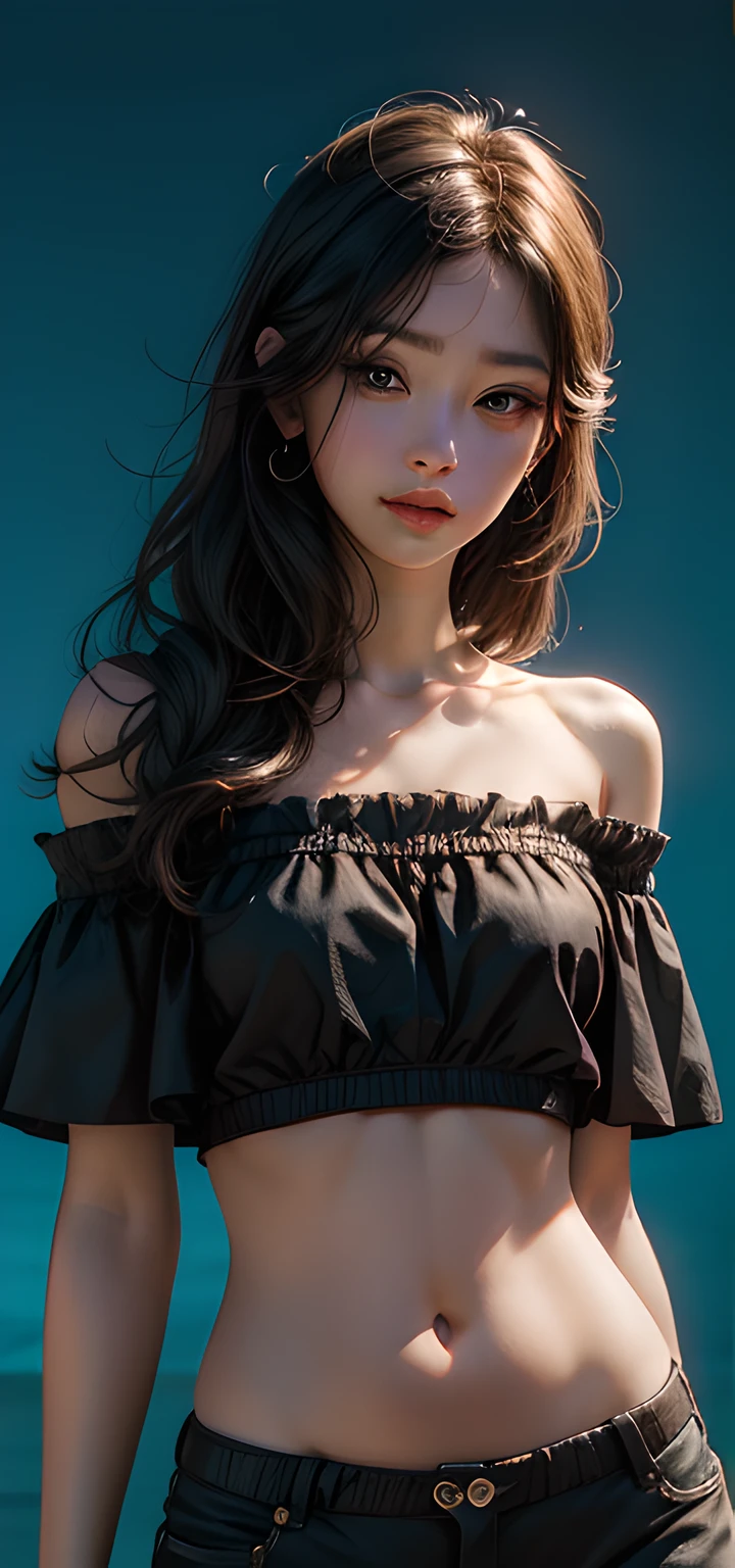 tmasterpiece, beste-Qualit, 1 girl, Aqua-colored eyes, black hair, closed mouth, multicolored background, looks at the viewer, exteriors, 独奏, upper-body, winning, clean, beatiful face, Face Clean, pale skin, sexypose,(( topic , off-shoulder, bellybutton, briefs)), hairlong, ((perfect female figure)) Jisoo, seductive, Very detailed, beste-Qualit, tmasterpiece, hight resolution, Original, extremely detailed 8K wallpaper ,tmasterpiece,beste-Qualit,illustartion,beautifully detailed eyes,电影灯光,