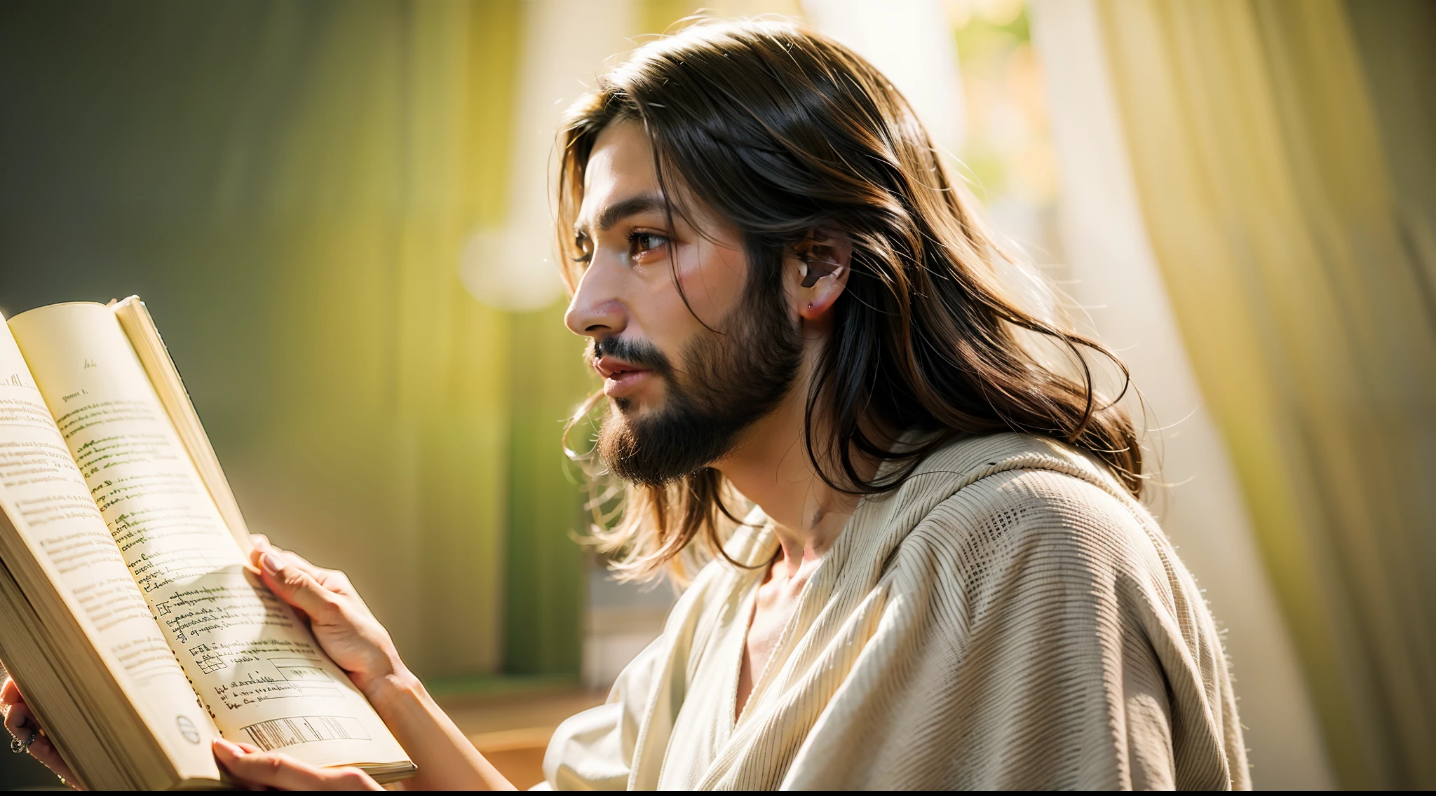 desenhe jesus ao ar livre, mais alto que as montanhas, com muita luz em seu corpo
