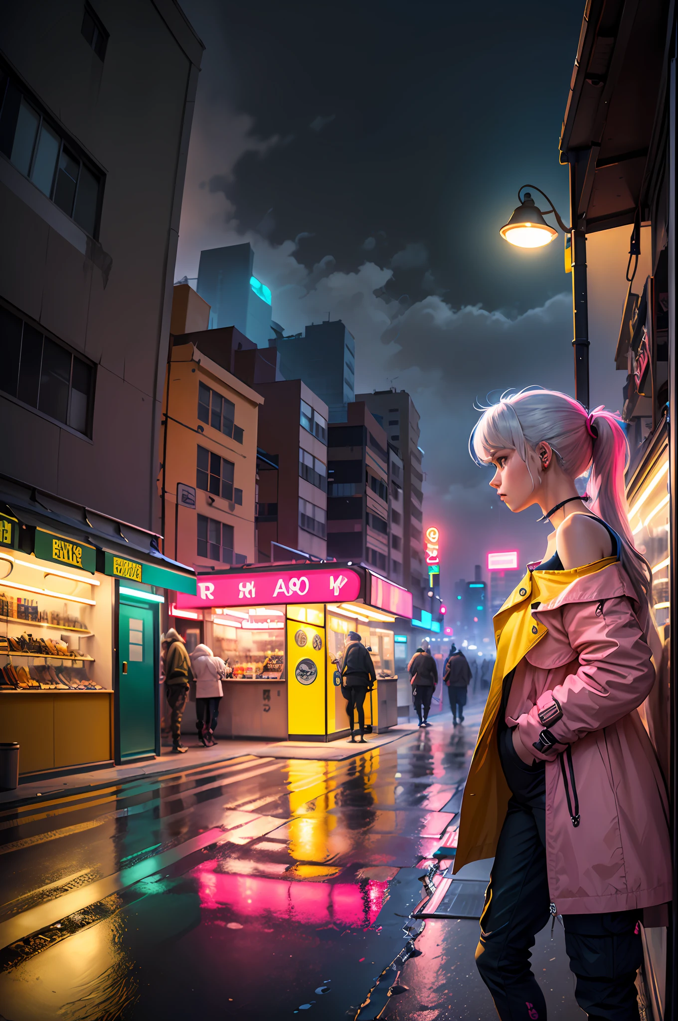 (masterpiece, 4k ,ultra detailed:1.2),(anime:1.2),illustration,(realistic:1),(photorealistic:1),
(solo:1.2),
(from side:1.2),(sad:1.4),
(panorama,perspective:1.4),(fisheye:1.2),
(landscape,outdoor,cityscape,night,midnight,rooftop,cyberpunk,asphalt,rain,graffiti art,reflection,shop,kiosk,sidewalk,avenue,police,taxi,bench:1.2),(skyscraper,fog:1.4),
(pedestrian,crowd,people:1.3),
(neon sign,blue neon,pink neon,yellow neon:1.4),
(off-shoulder neon trench coat,t-shirt,cargo pants,sneaker:1.3),
(platinum white hair,ponytail:1.2),(supermodel:1.4),(various hair color),
