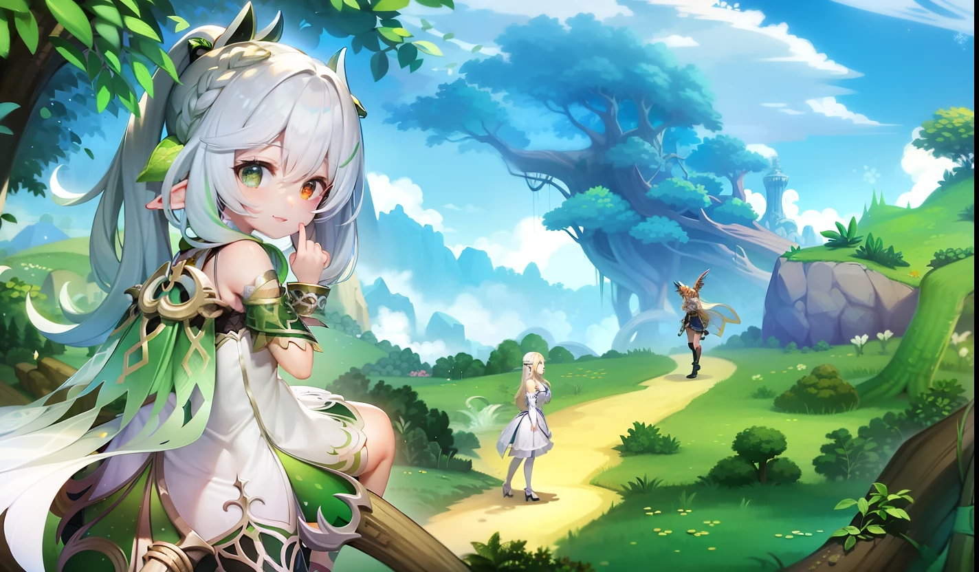 A girl in a white dress sits on a tree branch, beautiful fantasy anime, Anime fantasy illustration, 2. 5 D CGI anime fantasy artwork, character art of maple story, Anime fantasy artwork, alluring elf princess knight, Detailed key anime art, mmorpg fantasy, fey queen of the summer forest, anime in fantasy style, fantasy mmo, elf forest background, Fantasy anime