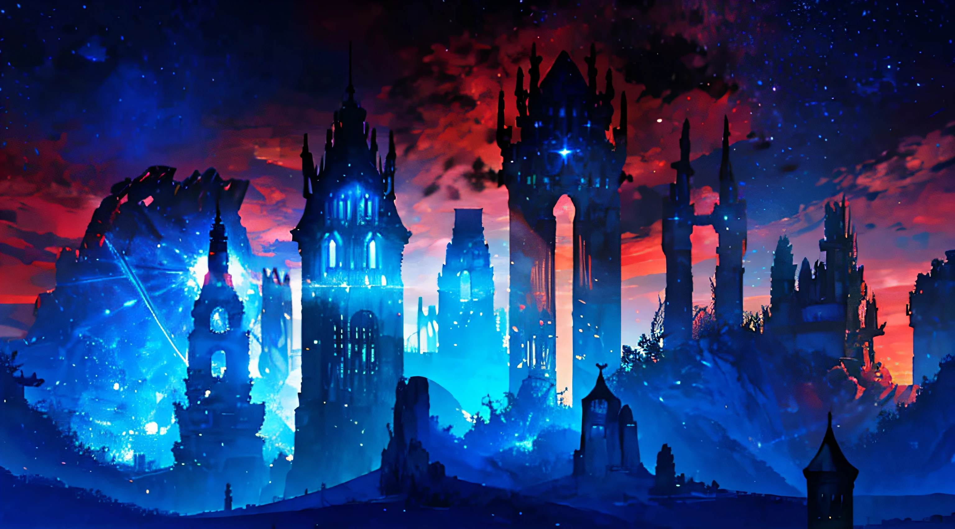 towers of god, blue towers, violet, blue, red, god, red sky, violet sky, starry sky, stars, starry towers, starry god, light blue, civilization, order