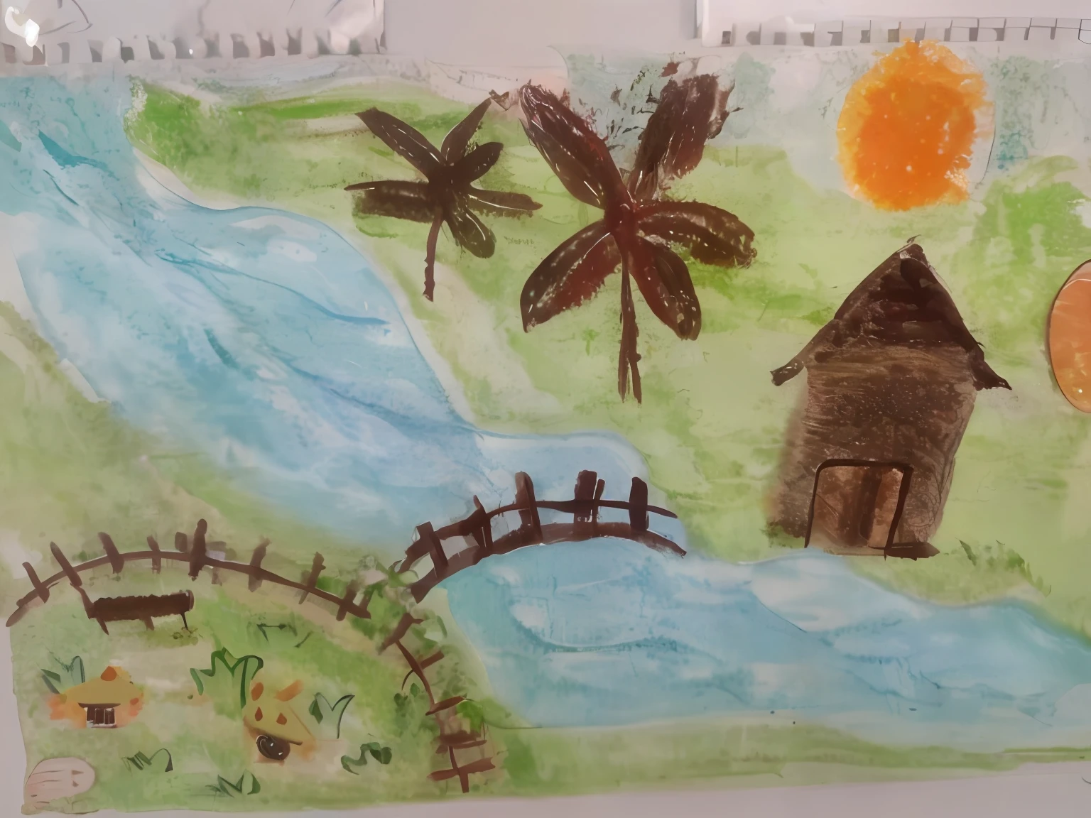 Close-up of house and river drawings, inspired by Dora Carrington, intermediate art, Inspired by Paul Gauguin, 7  crayon drawing, art station landscape, a child's ng, Inspired by Grandma Moses, Inspired by Lucien Pissarro, based on child's drawing, children's artwork, Inspired by Bill Treller, kids drawing