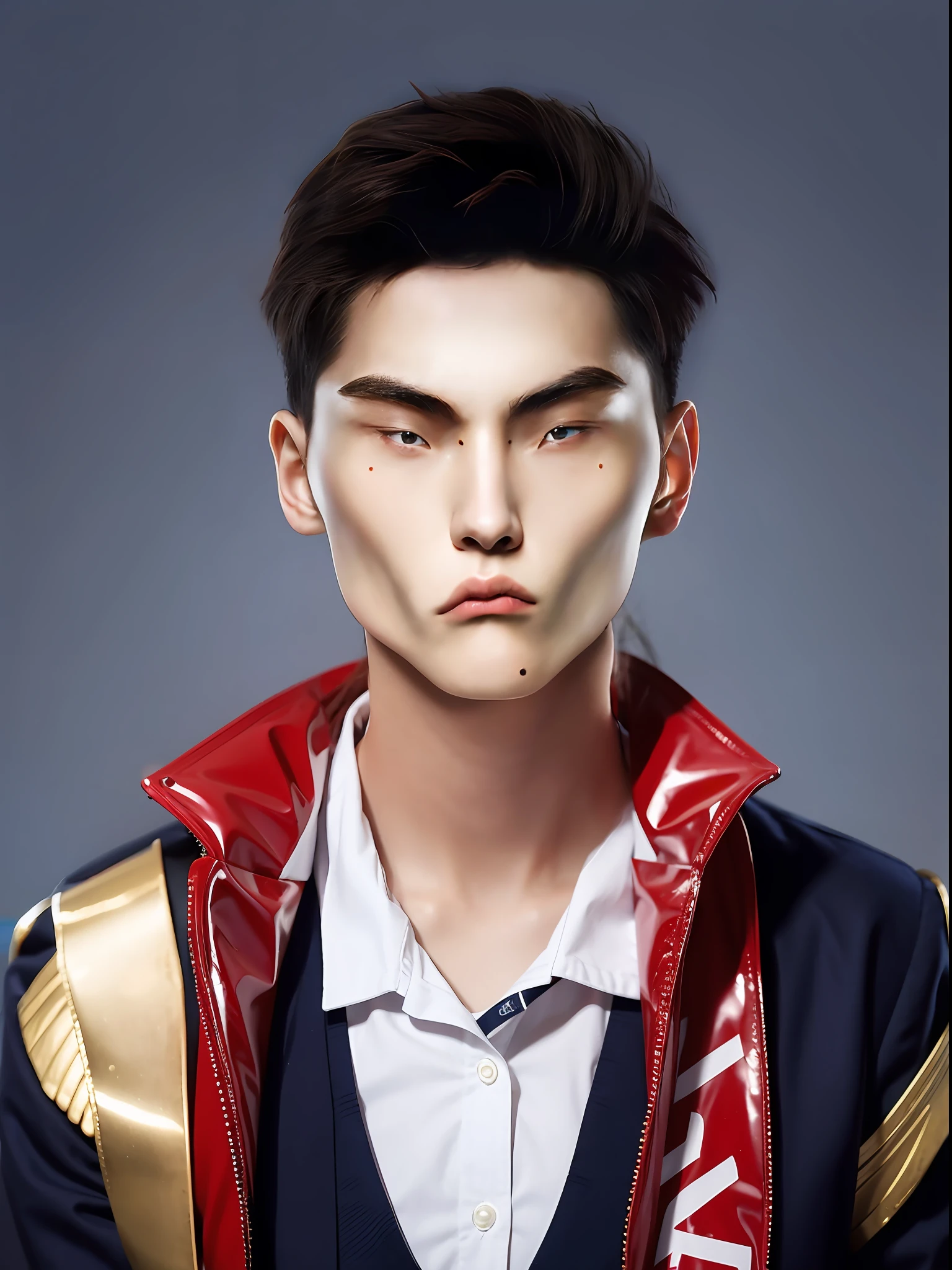 A Chinese college student，Wearing a red PVC school uniform