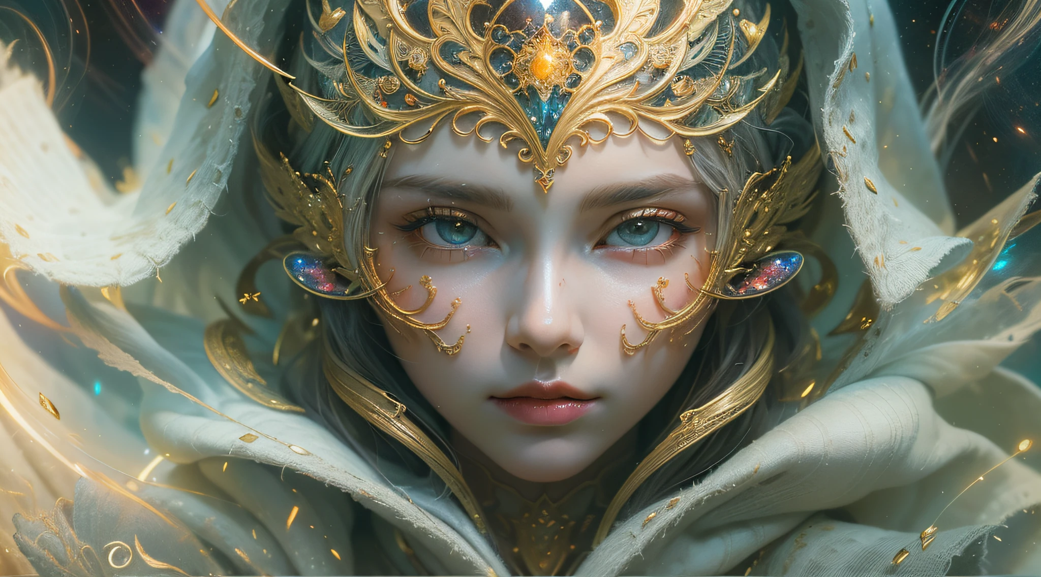 (masterpiece, top quality, best quality, official art, beautiful and aesthetic:1.2), (1girl), extreme detailed, (fractal art:1.3), colorful, highest detailed, perfect face, upper body, HDR, (praying:1.3), (white cloak golden lines:1.2), galaxy, (light streaks), striking visuals, (dynamic streaks, luminous trails:1.2), vibrant colors,