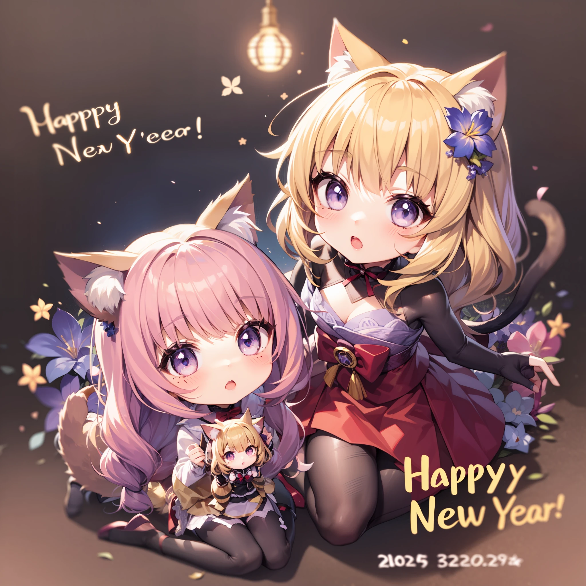 Chibi Cat、white backgrounid、kawaii、a blond、Bright background、Happy New Year characters、
