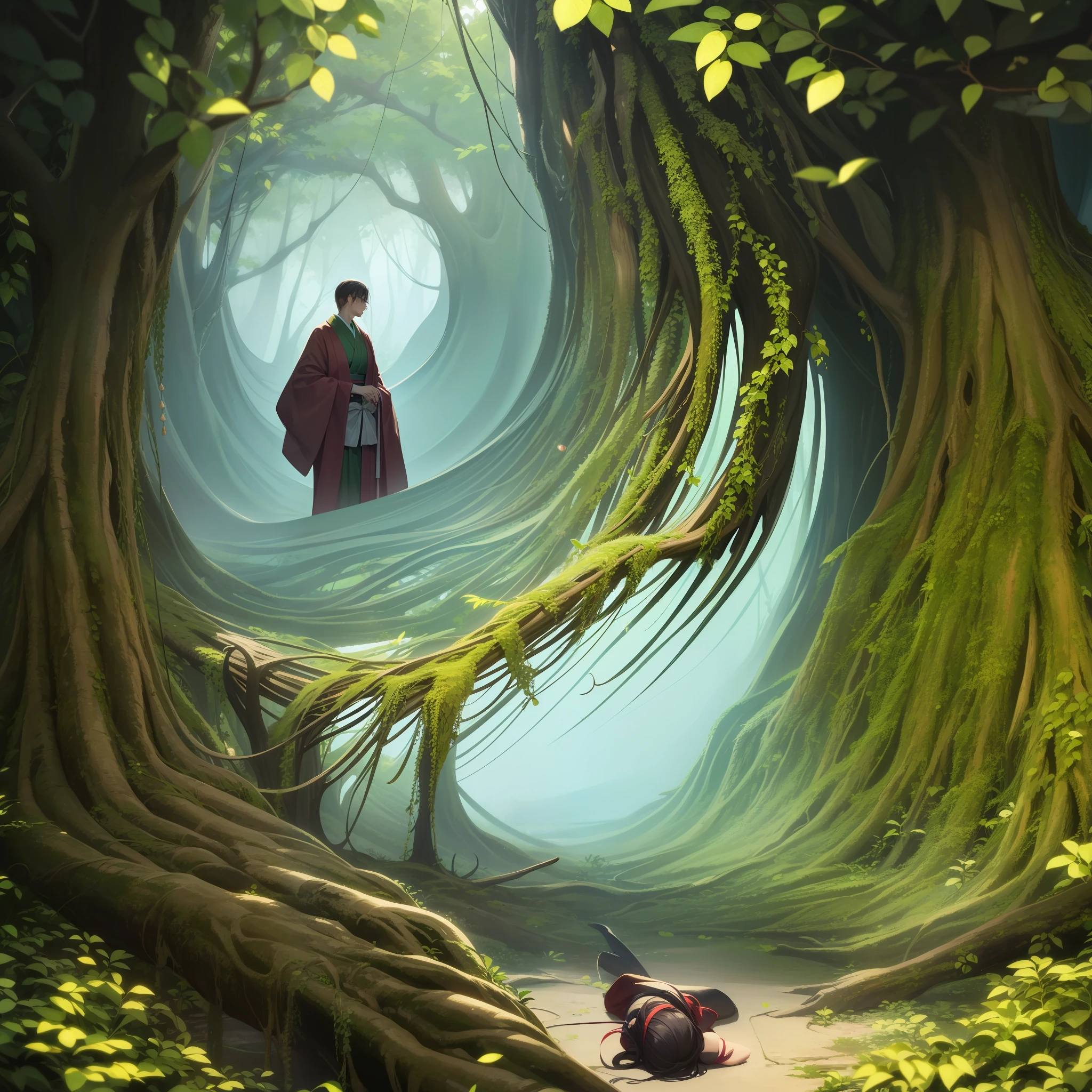 In the middle of a deep forest, A big tree, Man embedded in an unnatural tree, Man entangled in ivy, Twist Arm, Twisted body, Swirling body, Deep in the forest, Assimilate with nature, Japanese, Whole body, Faithful reproduction of a real human being, Very realistic, High quality, 8k resolution Photorealistic masterpiece