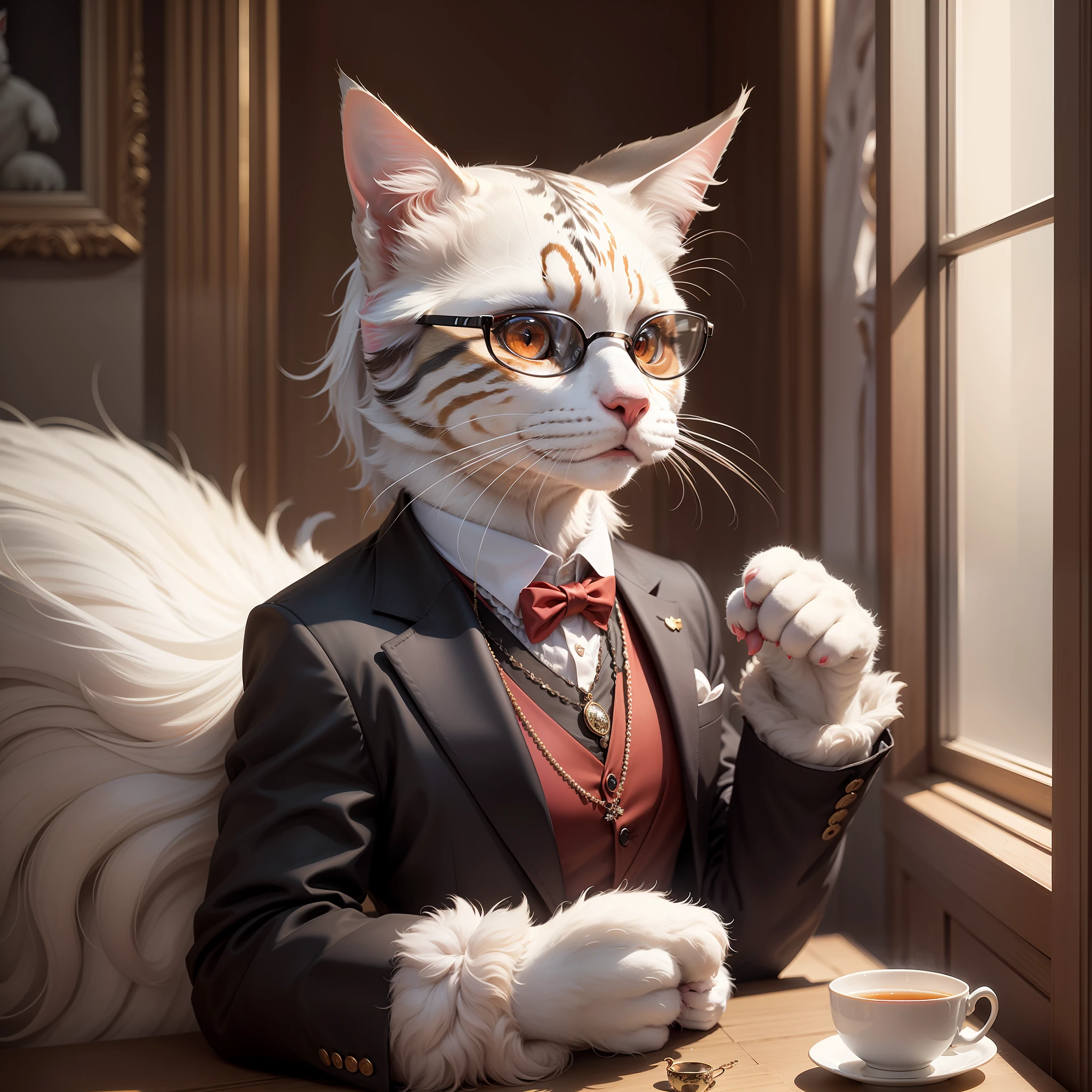 An exquisite masterpiece of a cat with a full-length white fur, adorned with a five-toothed necklace, bright red eyes. This high-quality image shows the cat wearing an elegant butler outfit and glasses. The embarrassed expression adds a charming touch to the already sophisticated and fierce aura. Serving a tea with cat's hand.