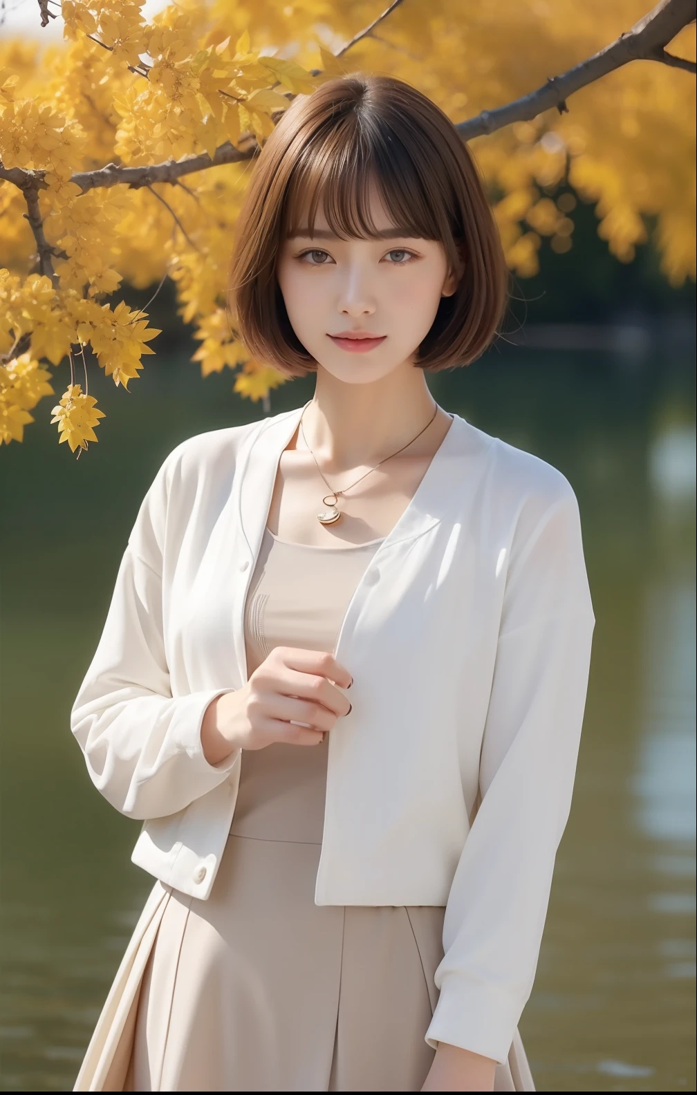 (top-quality、hight resolution、​masterpiece:1.3)、Beautiful woman with slender figure、Short-cut hairstyles 、Women in Japan 、Pendants、Light jacket、White mini skirt、plein air、Scenic beauty、Autumn lake and mountains on distant background、Beautiful details of face and skin texture、Eye of Detail、(top-quality、hight resolution、​masterpiece)、Beautiful woman with a slim figure、 Pendants