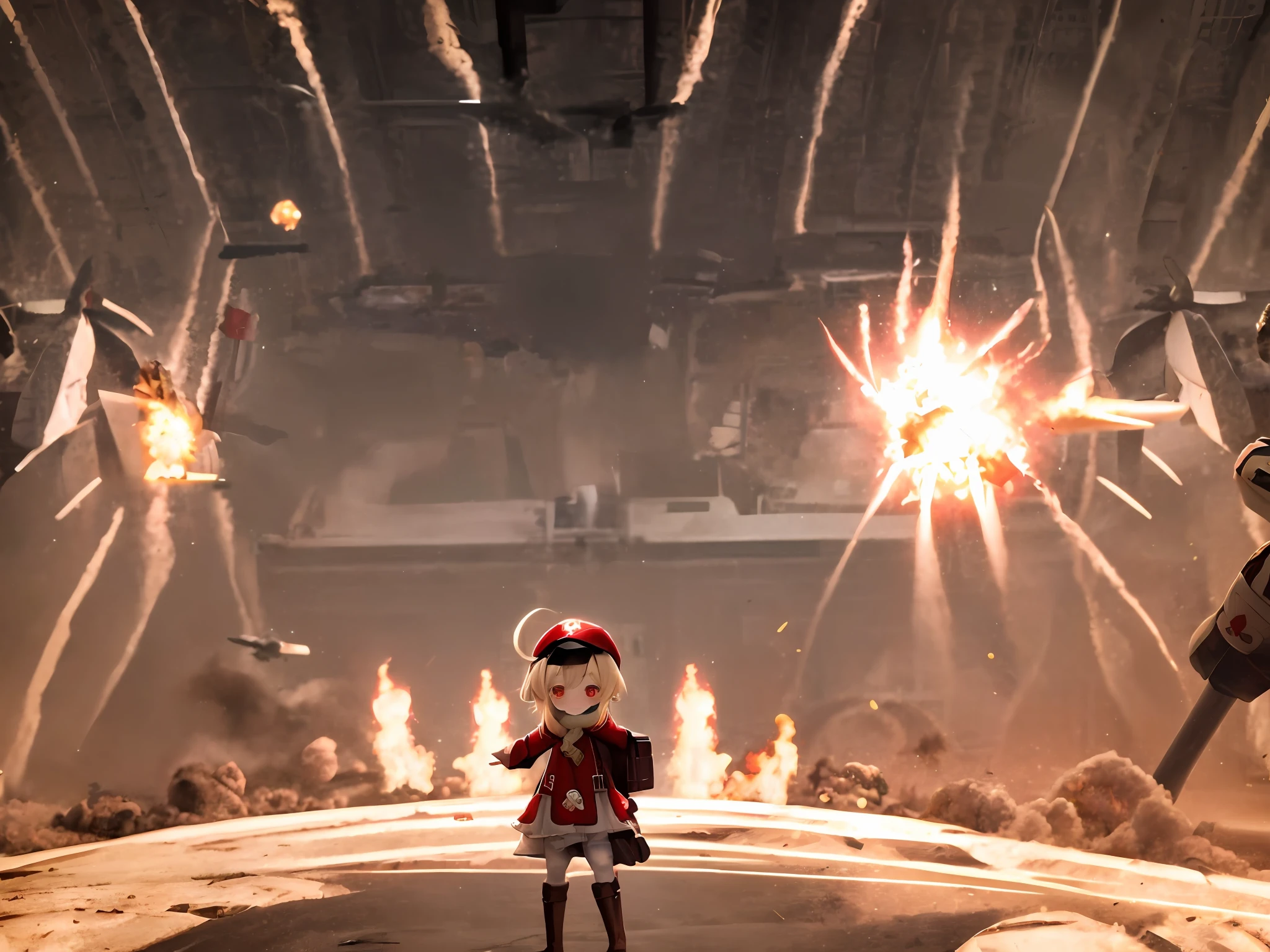 Super cute naughty short blonde hair (Genshin Kori) Big eyes ,Fire red cute dress ,Red boots, a red hat ,red school bag(It was filled with bombs)An innocent and bright smile, A mischievous smile ,Mechanical genius , Bomb expert ,((Explosion effects),(Huge explosion),(Nuclear explosion) decor) 8K high-definition , hight contrast ,Brilliant light and shadow effects , Highest image quality ,Enrich the picture ,Shocking graphics。Highlight the characters ,Close-up of people。