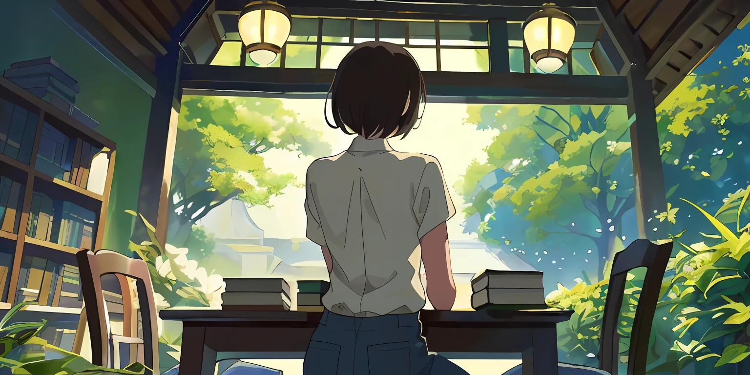 (masterpiece:1.2)、top-quality、PIXIV、The Garden of Words、
Women's Focus, sitting on, 独奏, from the rear, Indoors, The shirt, Boken, A dark-haired, shorth hair, back turned, Book Archive, The table