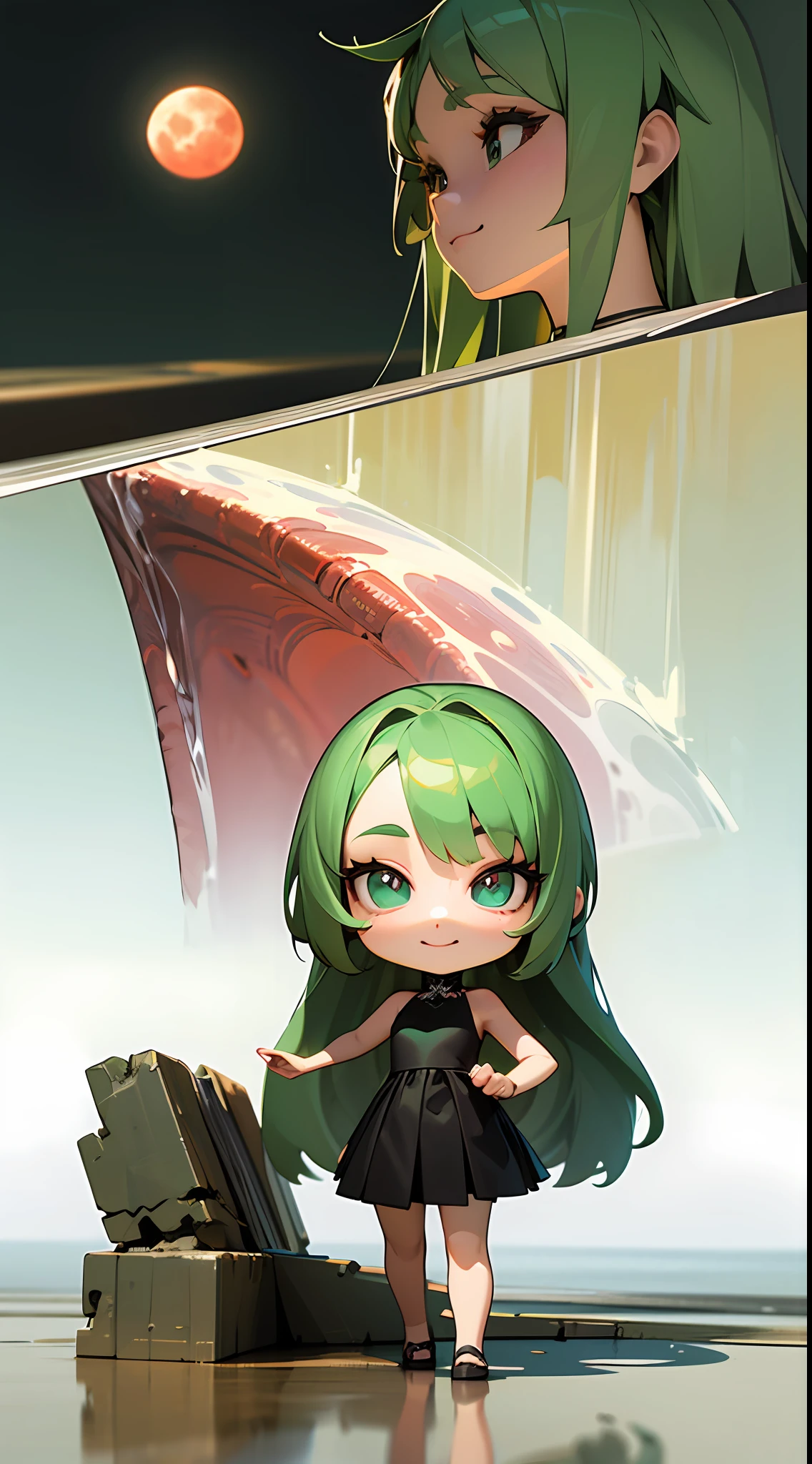 (((chibi 3d)))masutepiece, The highest image quality, High quality, swim wears, Waterfall scene, Beautiful Girl Full Body Frame, Perfect body, Full body composition all parts beauty complete. Japan, 20 years old, popular south korean makeup, detail, Swollen eyes, Detailed eyes, Detailed skin, Beautiful skin, Ultra high definition, (Realistic), Very beautiful, Slightly younger face, Beautiful skin, slim, (Surreal), (Illustration), (High resolution), (8K), (Highly detailed) (Best Illustration), (Detailed eyes), Fine detailed face, (Background View), (super detailed), Fine Detail Beauty, pureerosfaceace_v1 , Smiling, looking straight, Looking straight ahead, Bottom View, photos realistic, Bright lighting, Professional Lighting, Dark hair (A few pieces of green hair), Long hair, Dark ruins, Big Red Moon, Gorgeous red and black dress, Mature Woman, Stylish Long Bang, --auto