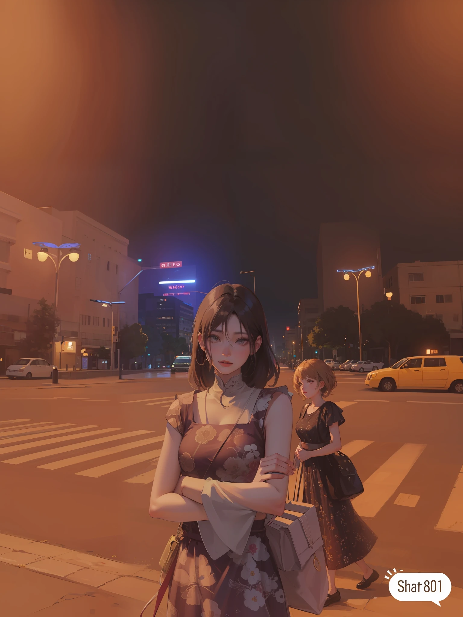 A woman stood in the street,arms folded, Cinematic. author:Leng Jun, cinematic shot ar 9:16 -n 6 -g, low quality photo, shaxi, in style of petra collins, In the middle of the city, xue han, in city street at night, taken with a pentax k1000