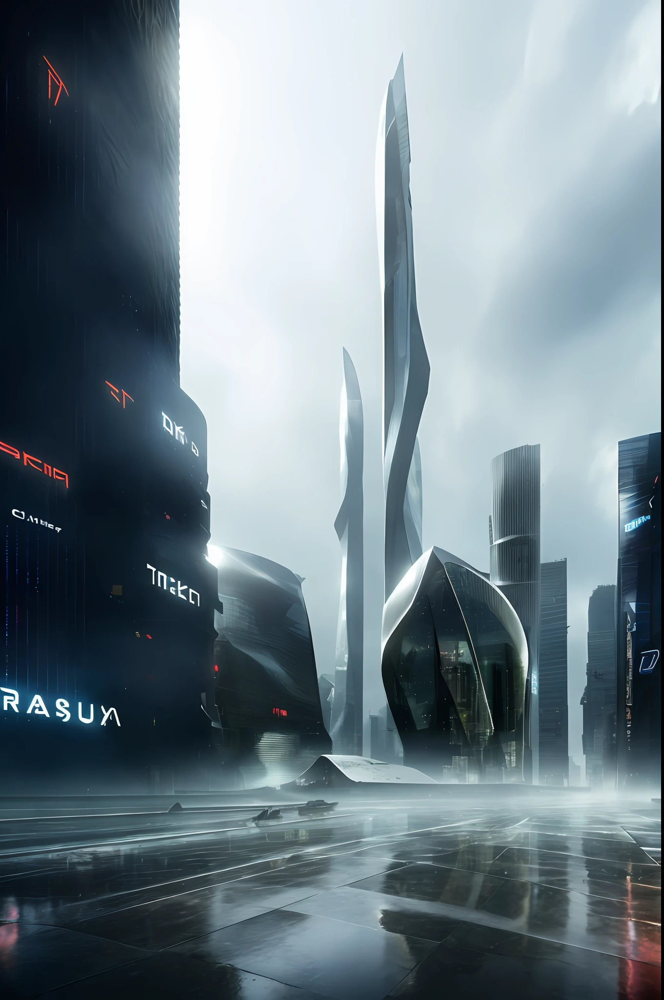 ((masterpiece, best quality)), 8k, modern architecture style, photo realistic, hyper detailed photo, clean sky, ruined city, cyberpunk,rain