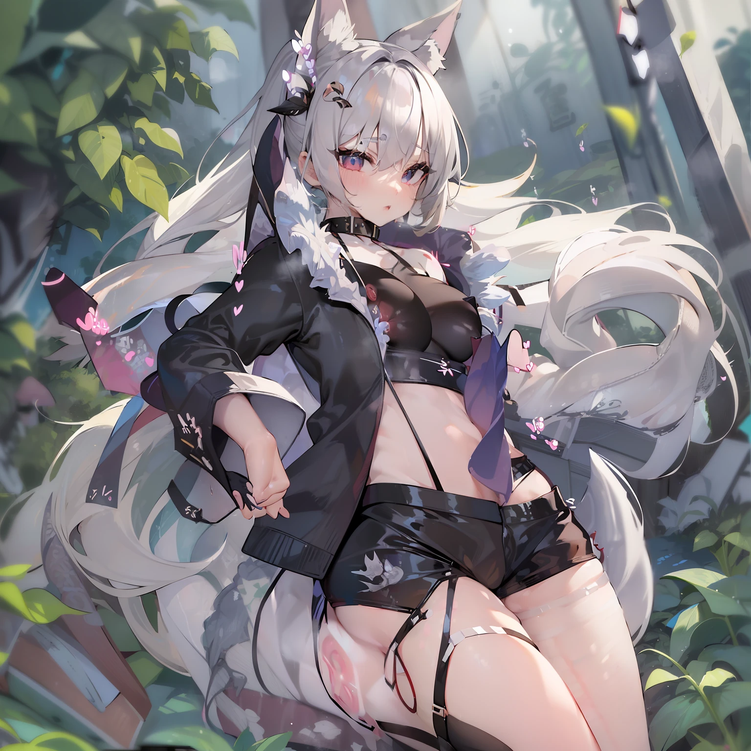 ((Masterpiece)), (Best Quality), Solo, miosha1, hair ornament, ponytail, wolf tail, swimsuit, white shorts, thigh strap, black jacket, leaf print, collar, string bikini, (NSFW:2.0)