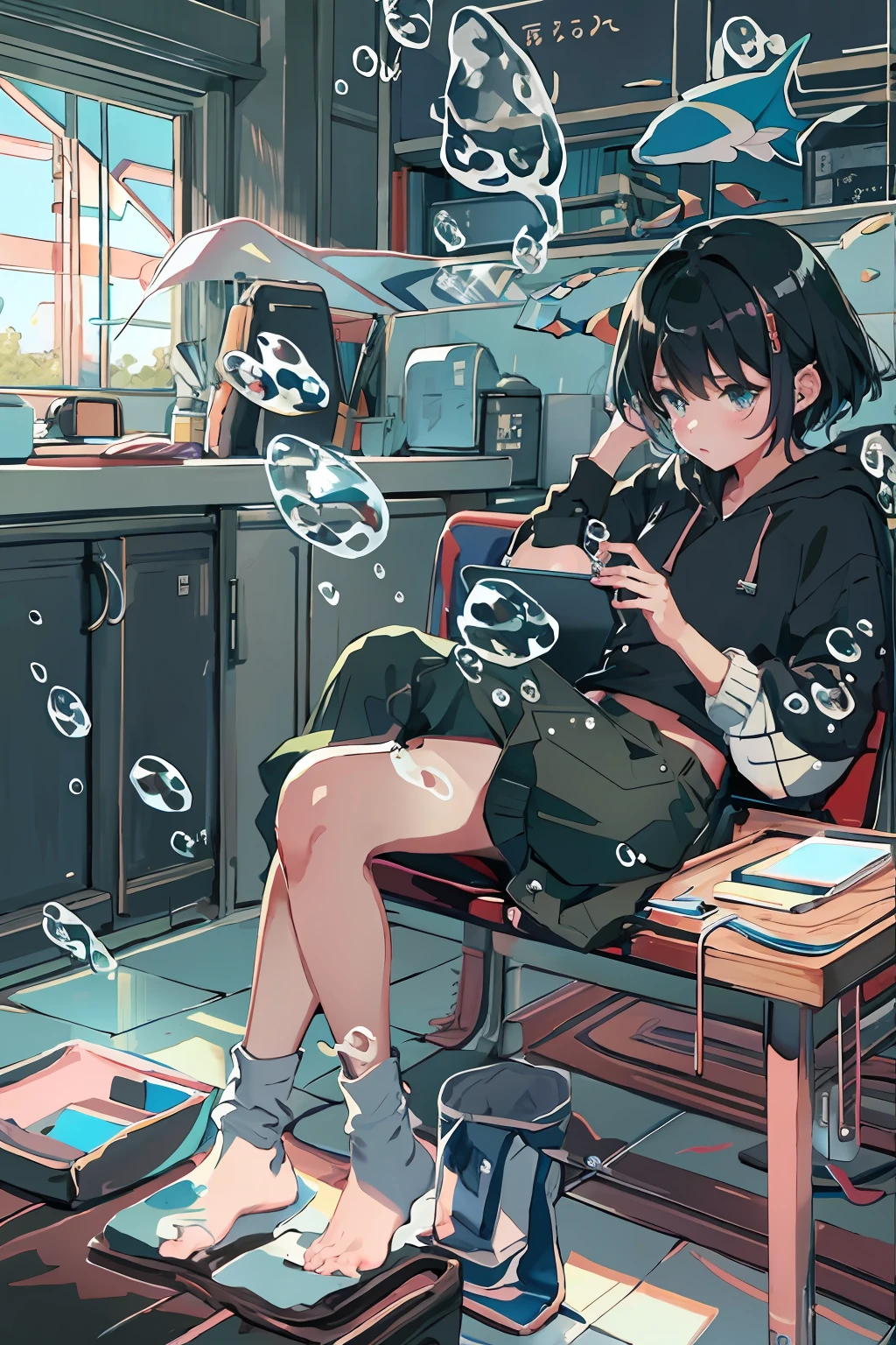 linear art, 
1girl in, Solo, Short hair, Black hair, Long sleeves, Sitting, Barefoot, Indoors, hoods, Bare legs, phone, The table, knees up, desk work, Fish, Bubble, under the water, Air bubble,shortpants、knee high socks