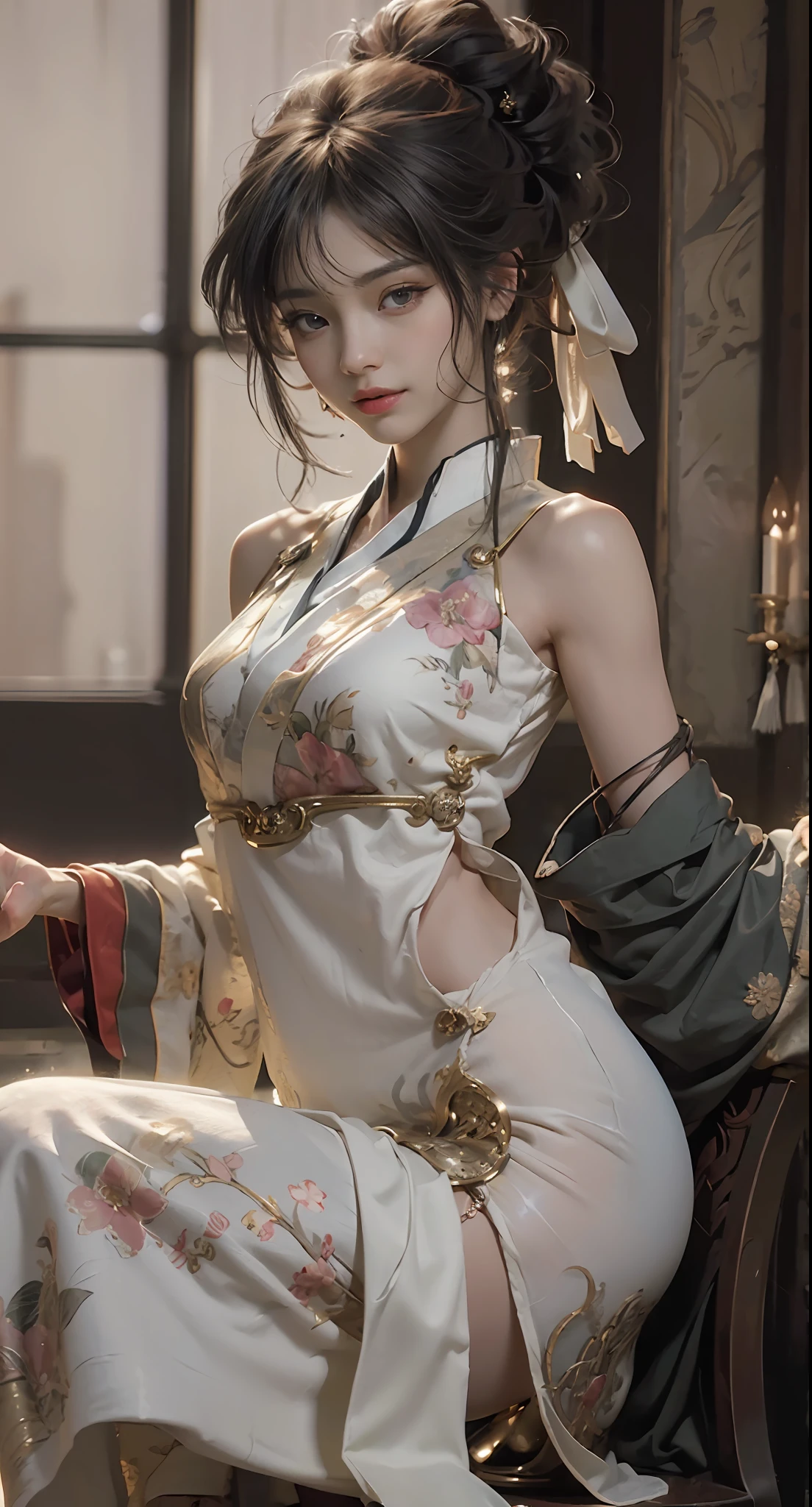 ((Best picture quality, 8K, tmasterpiece:1.3)), 1girll, Beautiful woman with slender abs:1.3, (Casual hairstyle:1.2),intricate detailed clothes , Fine fine skin，Messy hair，Ultra-fine face, A detailed eye, 二重まぶた，is shy，dynamicposes，ssmile，Hanfu，Slip dress，High detail official artwork，detailed anime art，portrait of a female anime hero，