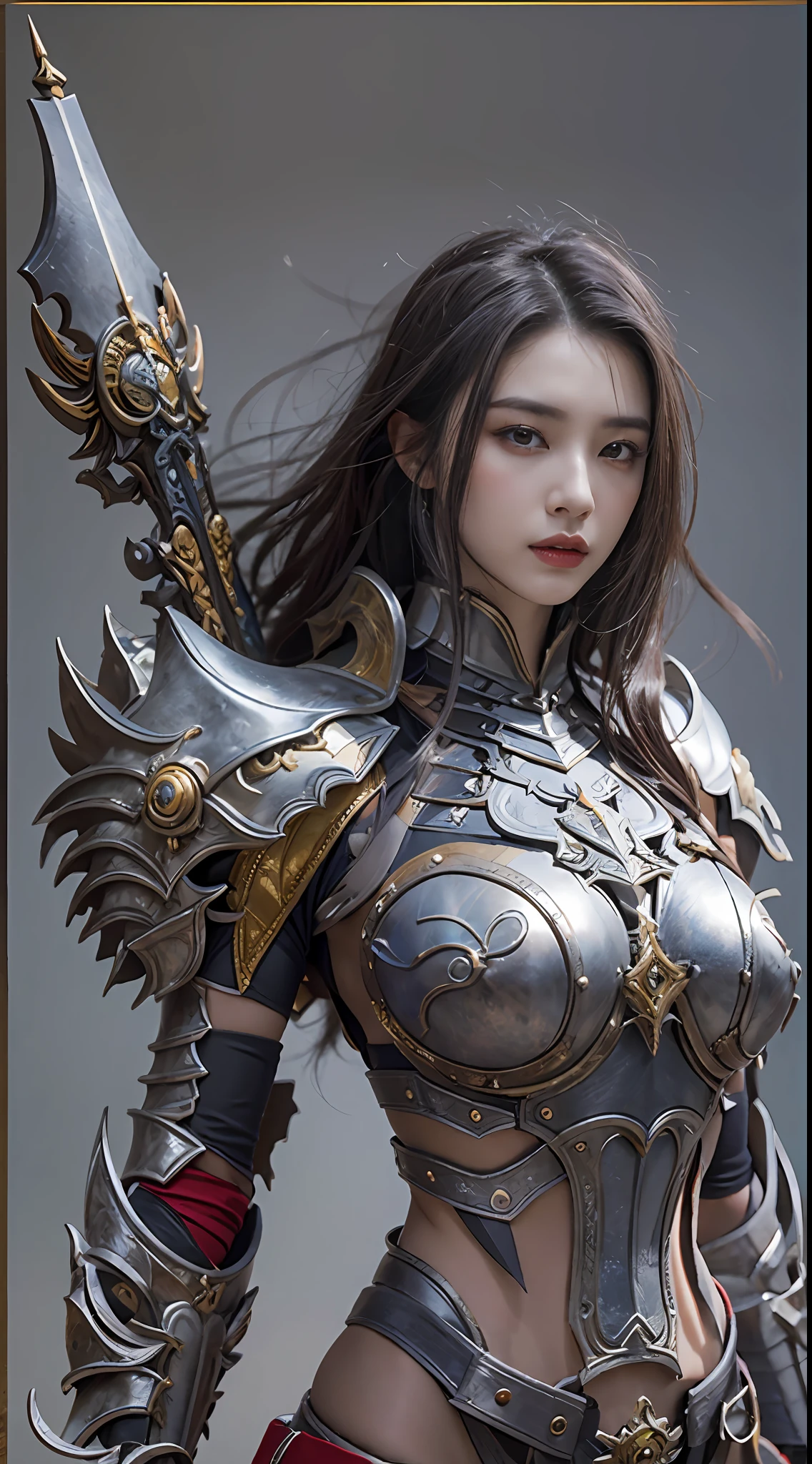（8K，Best picture quality：1.2），（tmasterpiece：1.37），（photore，realisticlying：1.37），（超高分辨率）， [Chinese|Russian|Japanese|Korean]，A half body，Walking posture，Shooting from front，Slow motion，Female paladins dressed in full body，（Light silver armor：1.2），（Ornately decorated armor），（insanely details，blooms：1.5），（highest  quality，Alessandro Casagrande，greg rutkovsky，Sally Mann，concept-art，4K），（simulating：1.2），（High- sharpness），（detailedpupils：1.1），detailed faces and eyes， tmasterpiece， best qualtiy， （Highly detailed photo：1.1）， （longblackhair，pony tails，ecstasy：1.ung woman：1.1）， Sharp， （perfect bodies：1.1）， realisticlying， Real Shadow， 3D， （a temple background：1.2）， Cross your arms over your chest
photograph：Canan EOS R6， 135mm， 1/1250s， f/2.8， ISO 400
