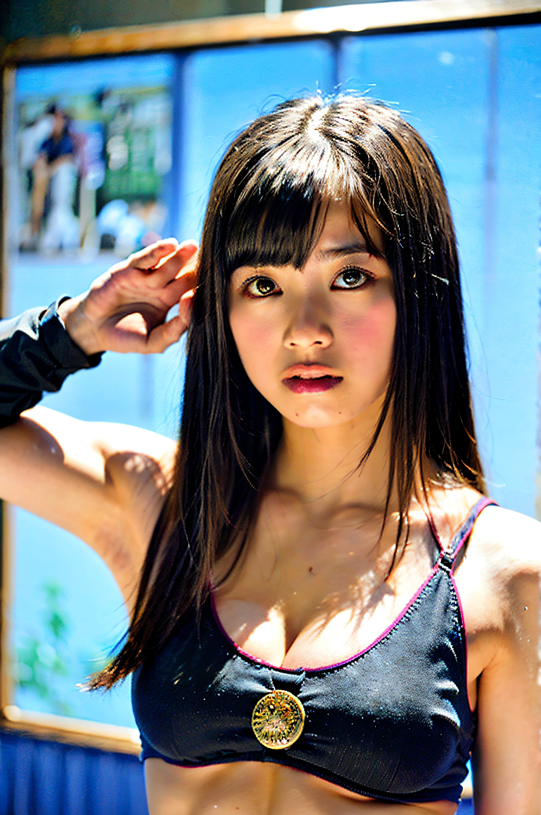 best qualtiy,tmasterpiece,超高分辨率,(真实感:1.2),RAW photogr,1girl,Black hair,shiny skins,Get wet,dramatic lights,full bodyesbian,,Microbikini,gigantic cleavage breasts