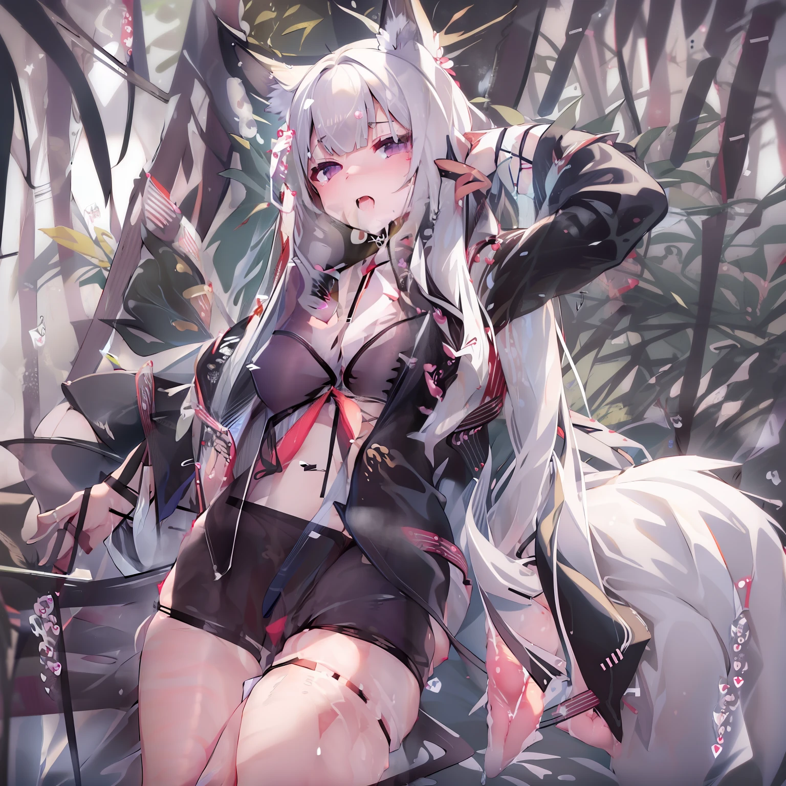 ((Masterpiece)), (Best Quality), Solo, miosha1, hair ornament, ponytail, wolf tail, swimsuit, white shorts, thigh strap, black jacket, leaf print, collar, string bikini, (NSFW:2.0)