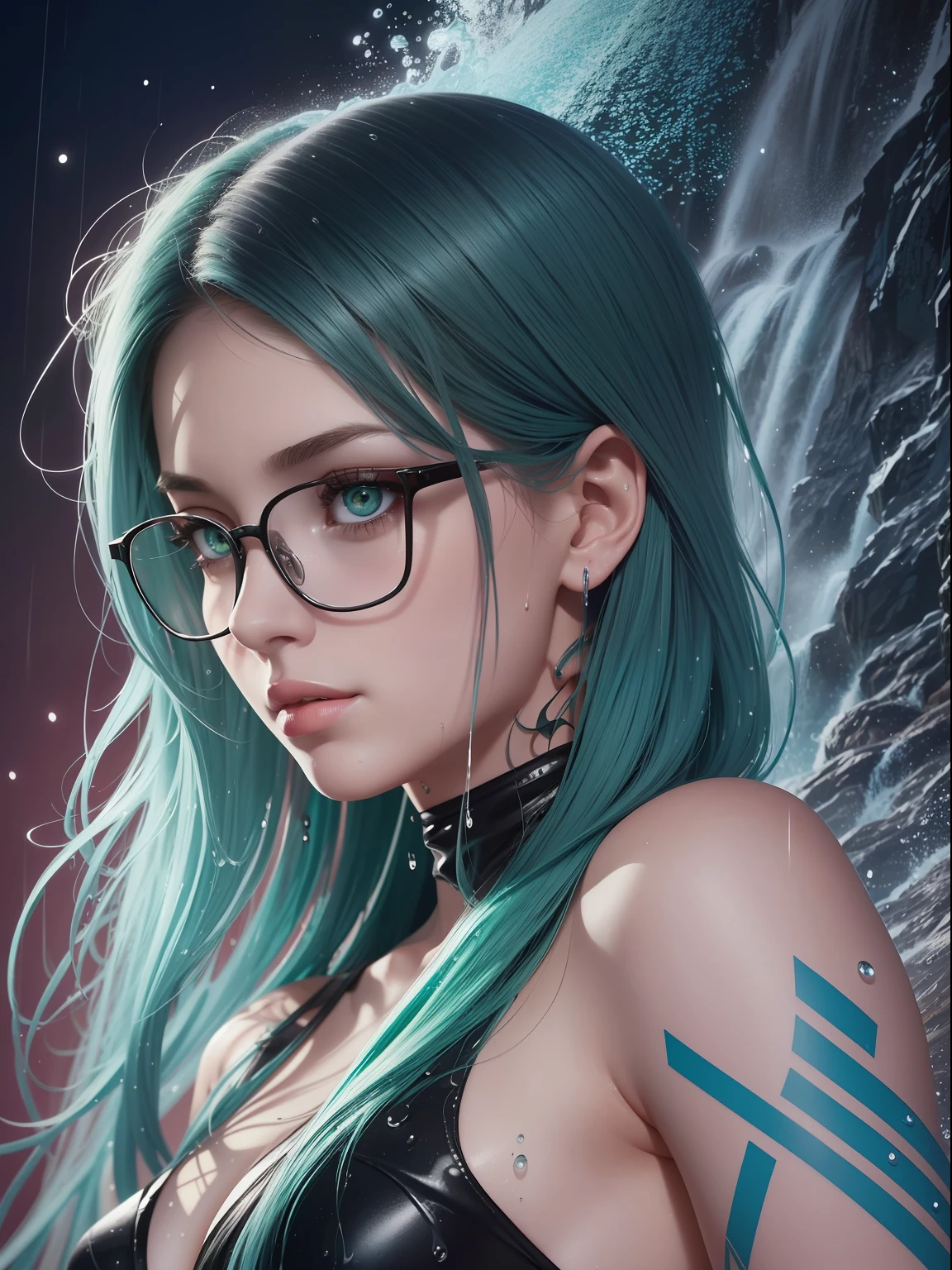 Realistic, full-body portrait of a young woman, 20 years old. perfect body, realistic perfect body composition, wet body in the rain, waterfall scene. realistic beautiful green eyes, cool face, fair skin, good looking, tattoo art, sexy sexy liquid acrylic outfit, glasses, warm dreamy light, volumetric light, powder adventure style paper, dynamic gradients, vivid colors, illustrations, highly detailed vector curves, simple, smooth and clean, vector art, smooth, character design, cinematic, Surrealism, posters, masterpiece collection, lush vivid colors, sunsets, wet gouache. High image quality, meticulous detail, perfect realistic work