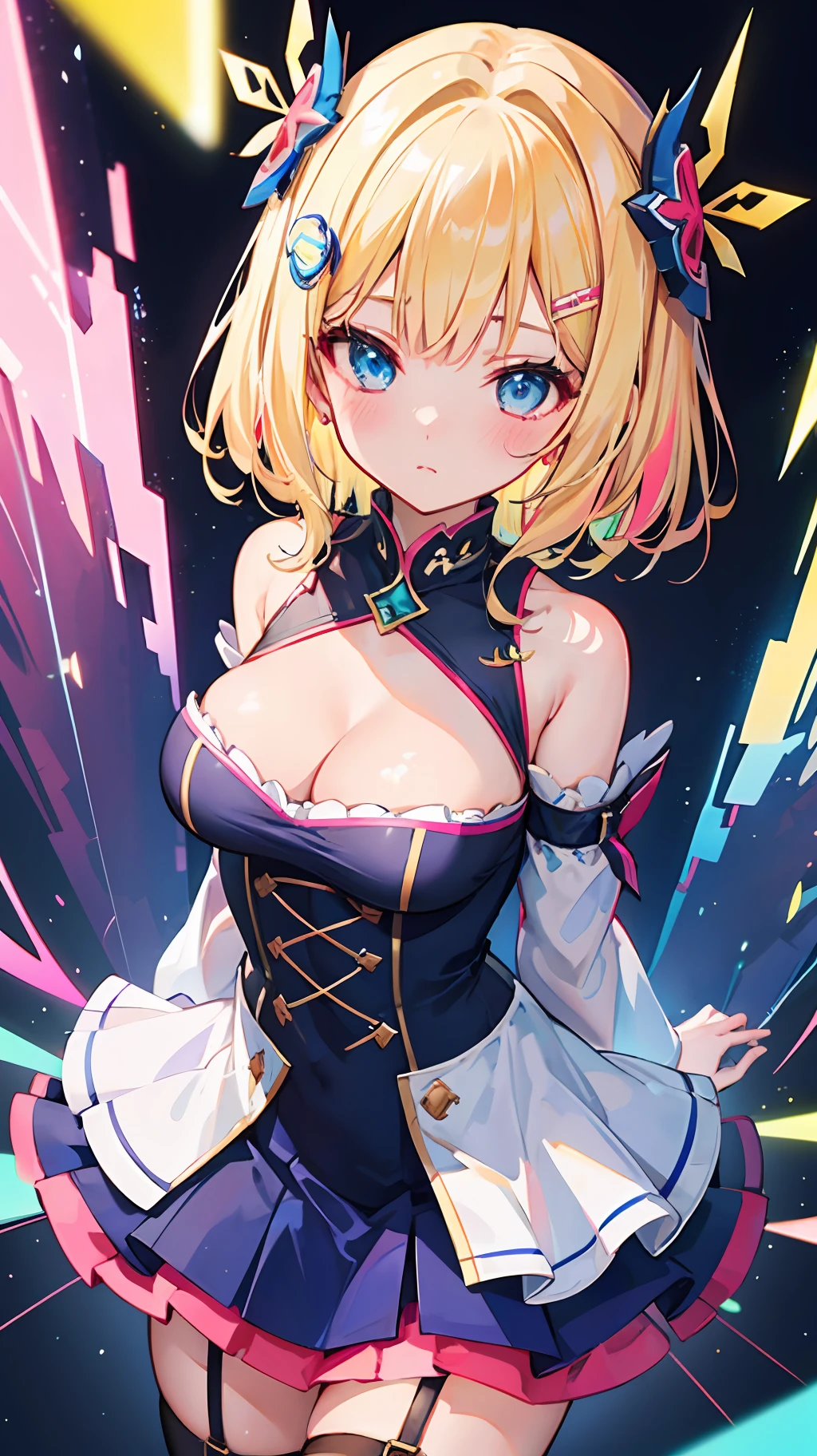 ((masterpiece, best quality;1.3)), ultra detailed, 8k unity wallpapers, CG, ray tracing, illustration, colorful, cinematic shadow, extremely detailed and beautiful background,vhd, shadering VRay,RT, 1girl, , petite,li, blus solo, blue eyes, (blush), (blonde hair), (medium hair), (large breasts), slim waist, white glowing skin, highly detailed beautiful face, beautiful face, beautiful eyes, (talented Lo-Fi:1.3), naked, sexy, lewd, ((goddess)), ((intricate hair ornament)), ((miniskirt)), detached sleeves, ((frilled dress)), cleavage cutout, panties, thigh strap, arms behind back, ((colorful explosion psychedelic paint colors)), close-up, glowing, glowing light, ultra detailed, scenic, atmospheric